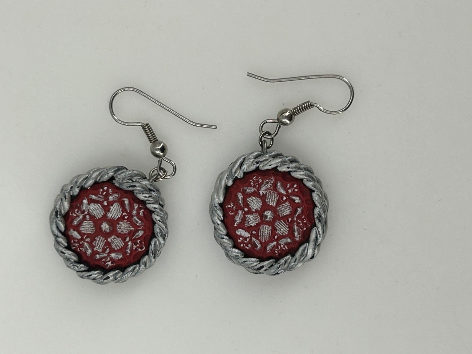 Handcrafted Dangle Drop Earrings Silver Tone Polymer Clay Reversible 1.5" Drop