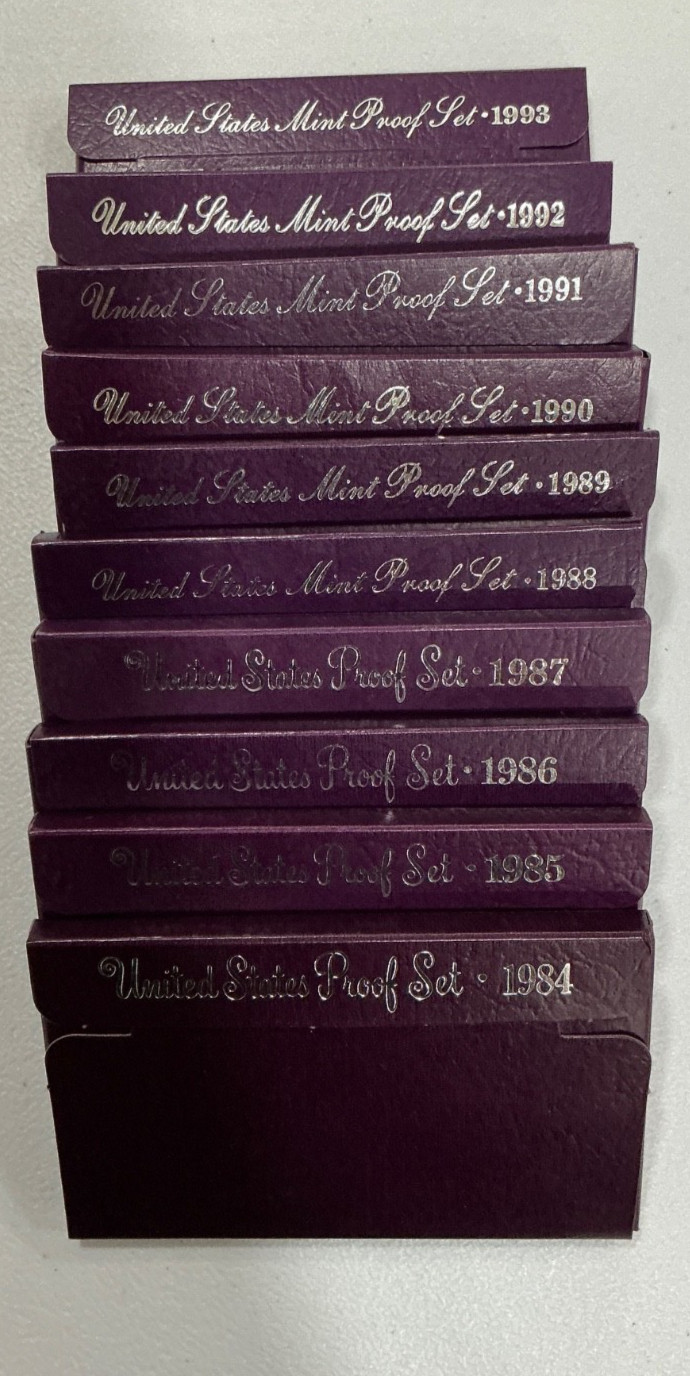 1984 to 1993-S Clad U.S. Mint Proof 5-Coin Sets in Original Packaging-Purple box