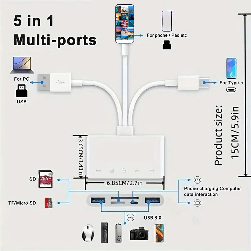 5-in-1 Memory Card Reader, USB OTG Adapter & SD Card Reader for iPhone/Android