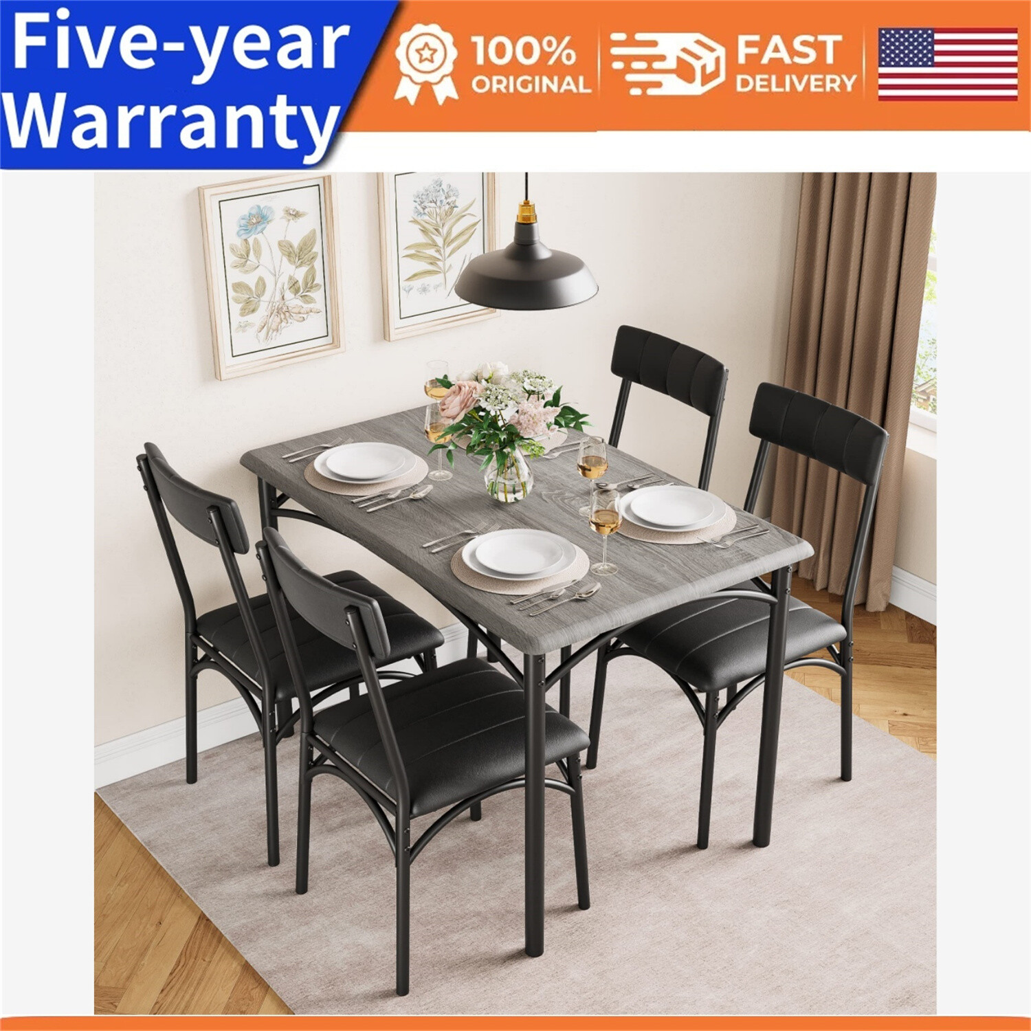 ✈️💒5 Piece Dining Table Set Kitchen Table Chairs Metal and Wood Upholstered Cha