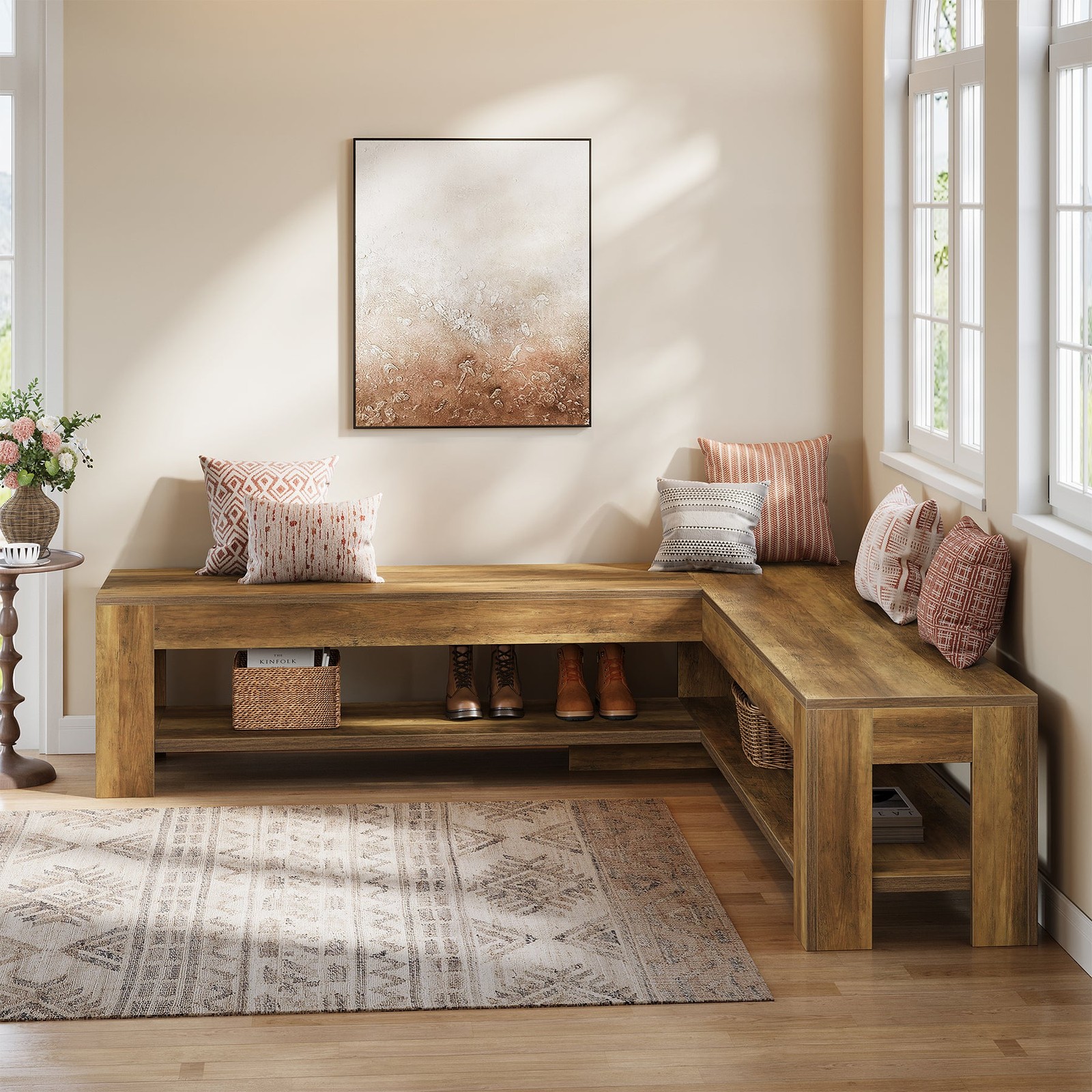 L-Shaped Dining Nook Bench with Storage Shelf, Wooden Space-Saving Corner Bench