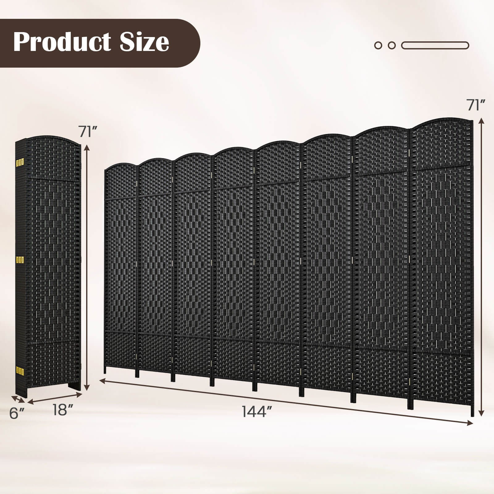 8-Panel Room Divider 6 FT Tall Folding Privacy Screen w/Solid Wood Frame