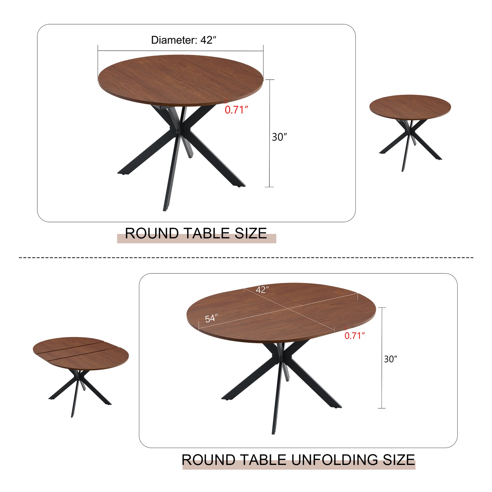 Extendable Round Dining Table - Space-Saving Dining Table with Sturdy Metal L