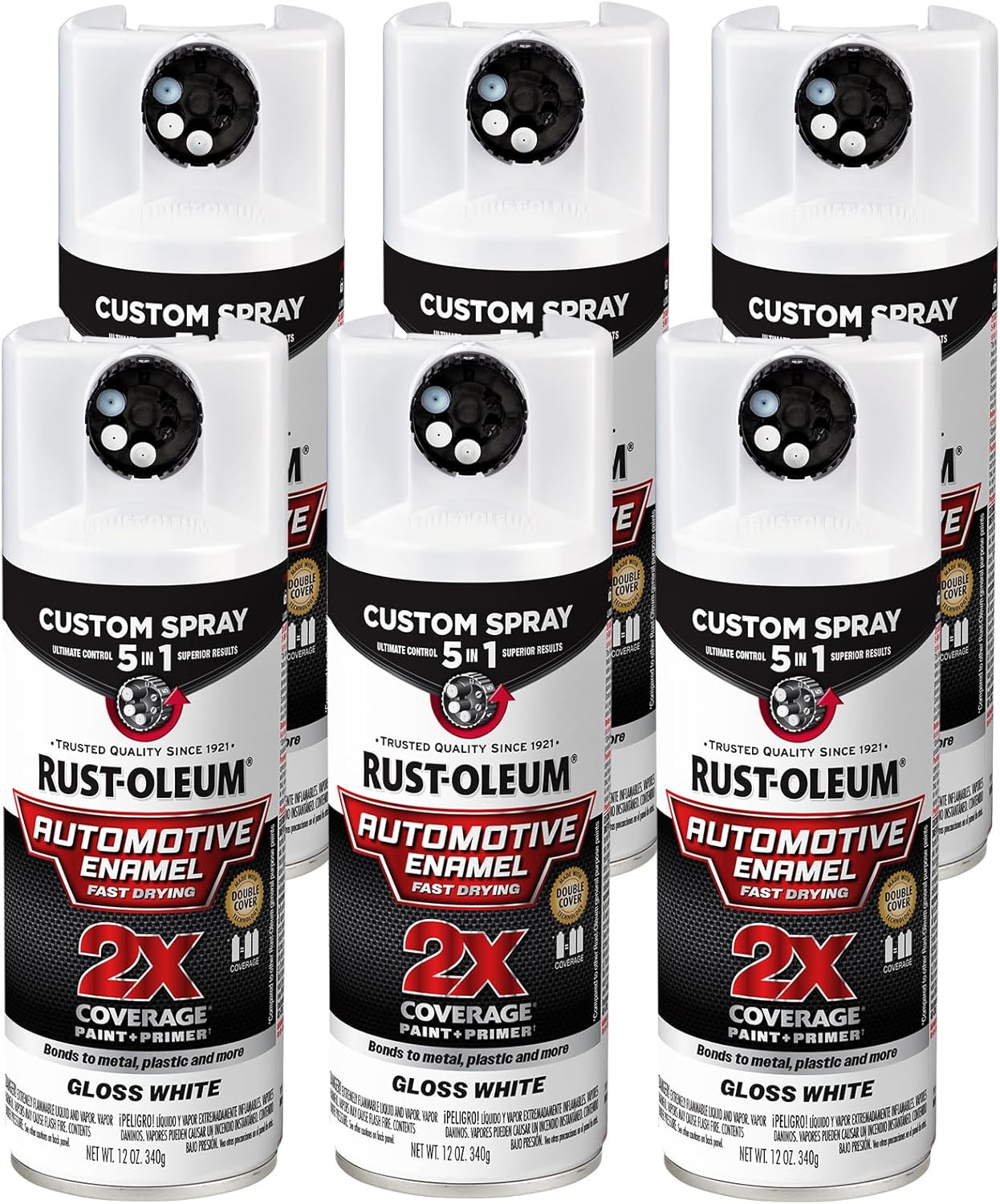 2X Gloss White Automotive Enamel Spray Paint, 12 Oz, 6 Pack - 5-in-1 Solution