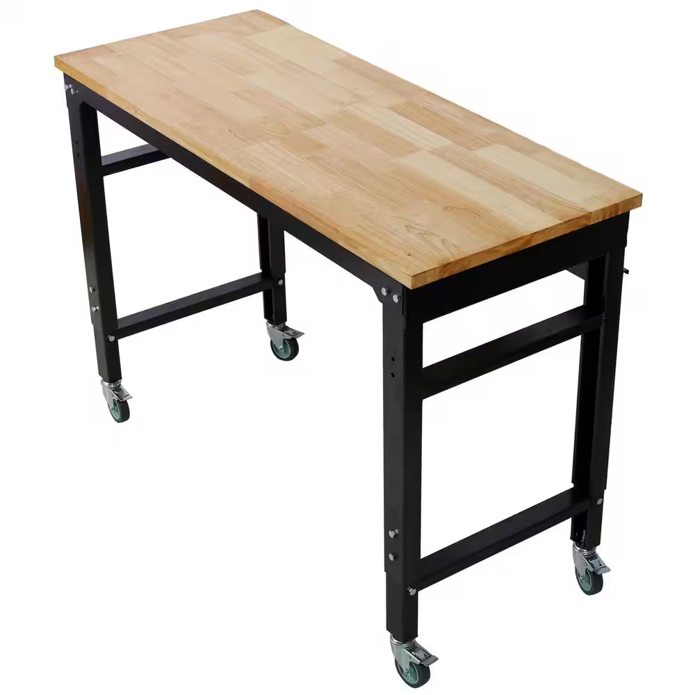 48 In. Wide Metal Adjustable Rolling Workbench with Rubber Wood Top and Black Ha