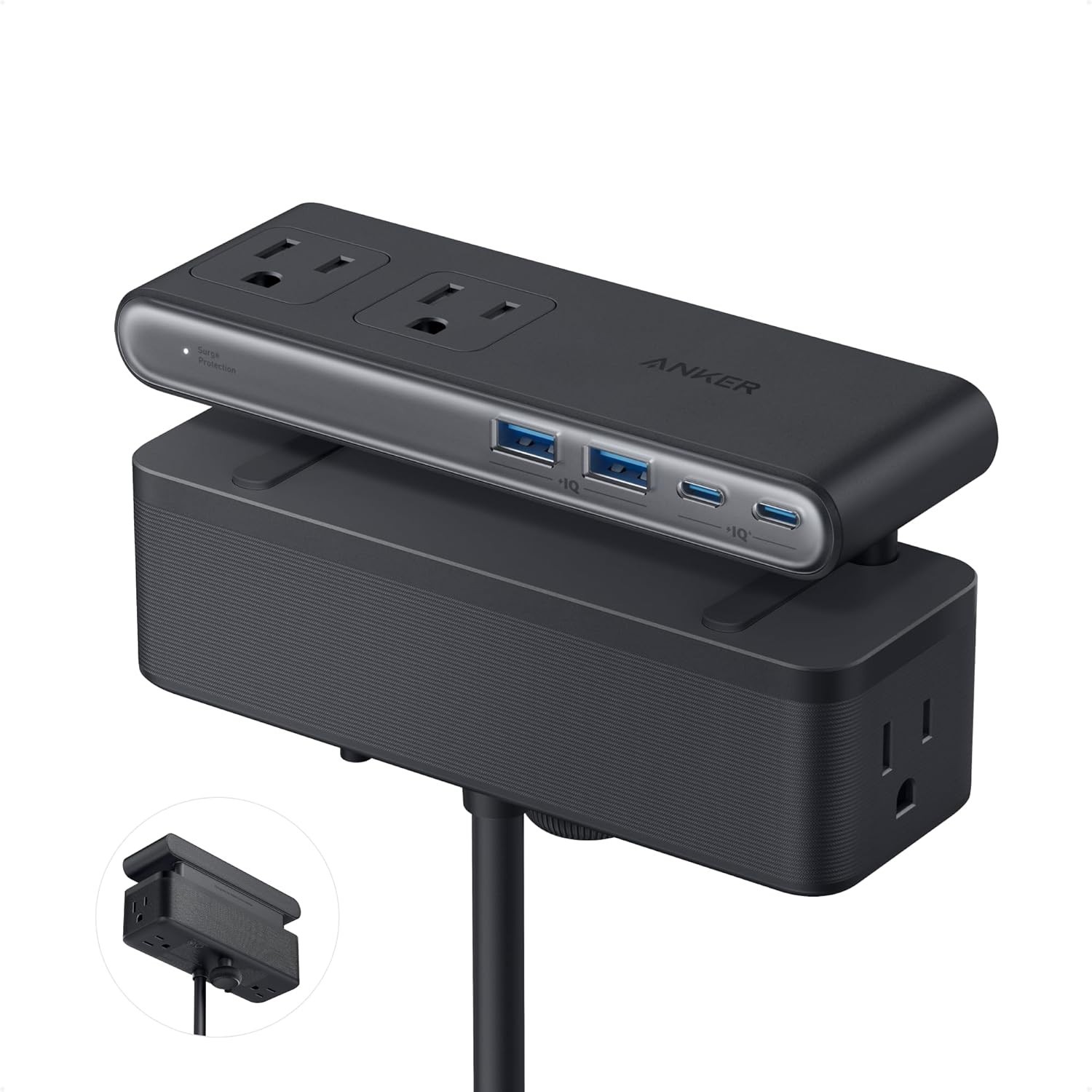 Nano Power Strip, Desk Clamp with 1500J Surge Protector, 5ft Black