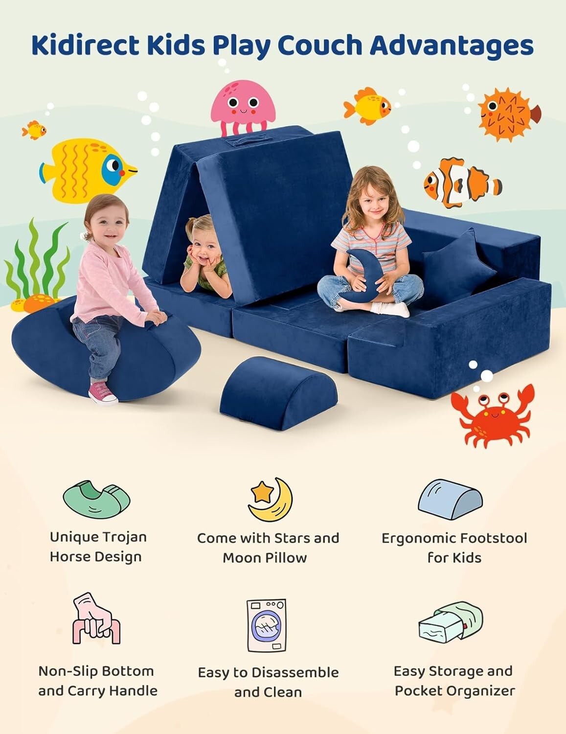 Modular Kids Play Couch - Safe Washable Velvet & Convertible Rocking Horse