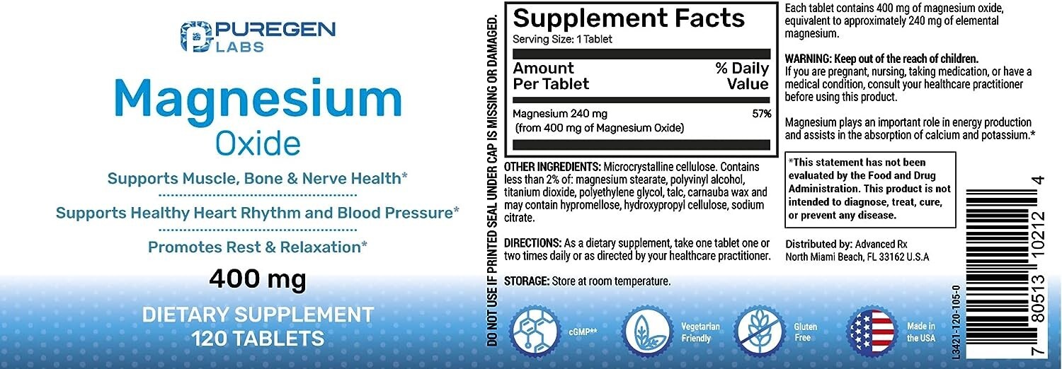 Puregen Magnesium Oxide 400mg High Potency Supplement 120 Tablets 1 Pack