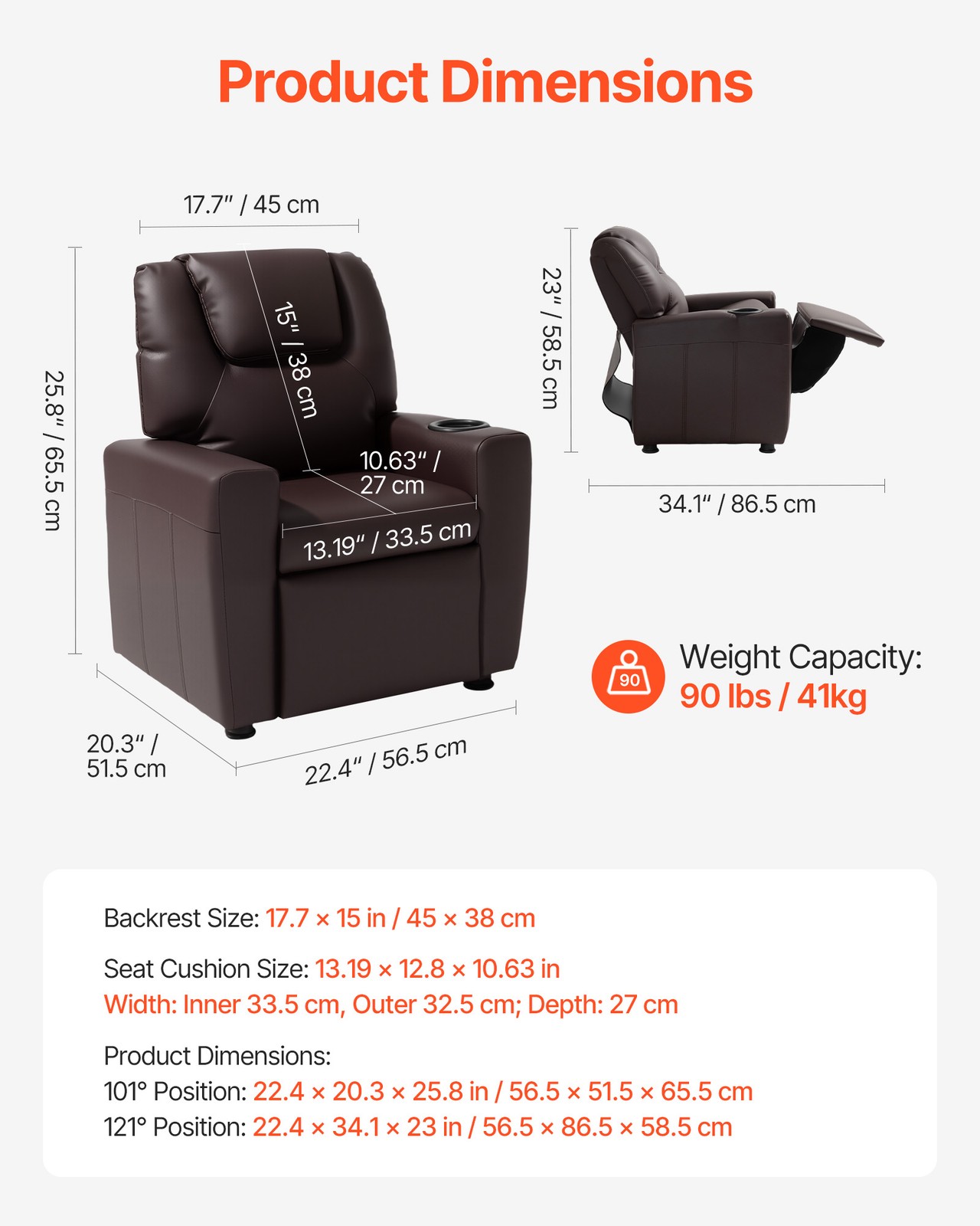 VEVOR Kids Reclining Chair PU Leather Toddler Recliner with Cup Holder (Brown)