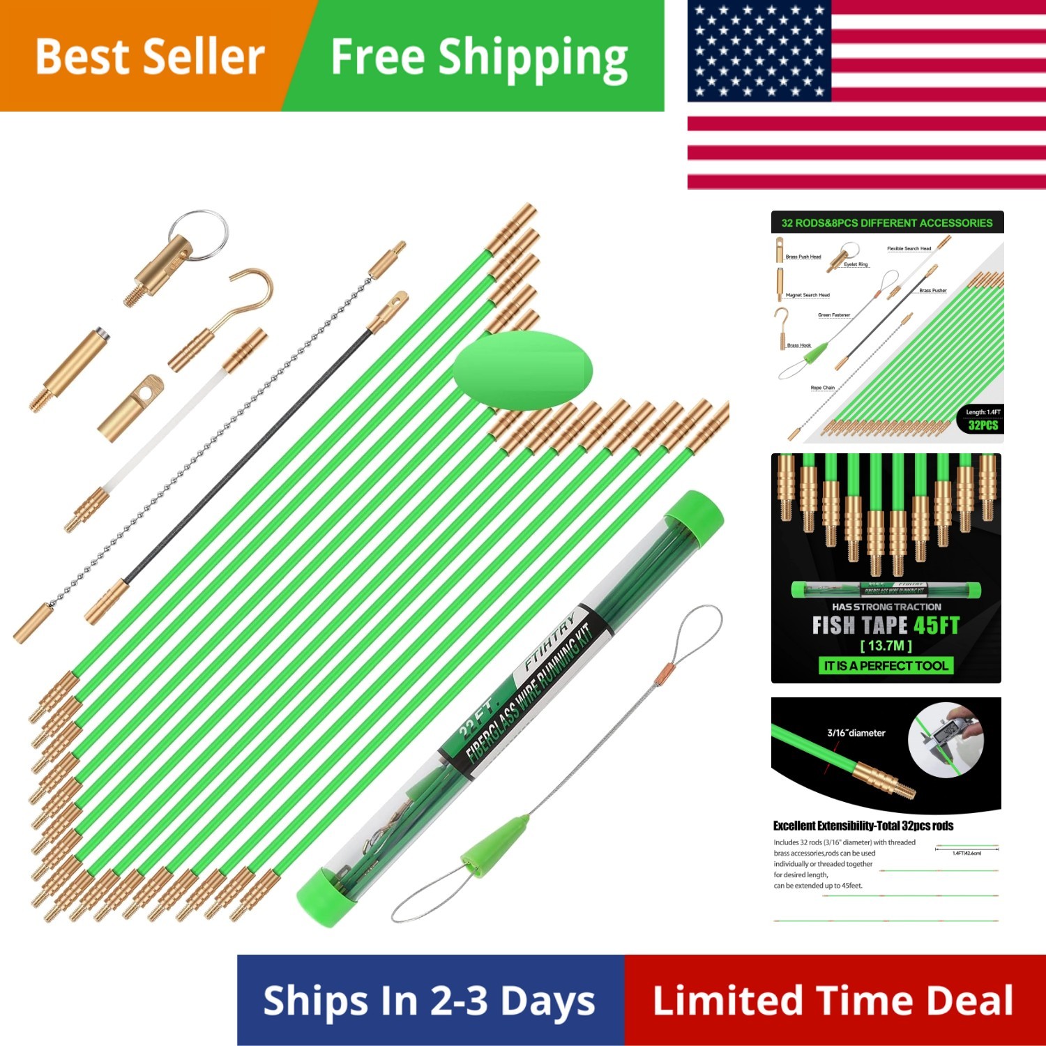 45FT Fiberglass Running Electrical Wire Cable Glow Rods Wire Pulling, Fish Ro...