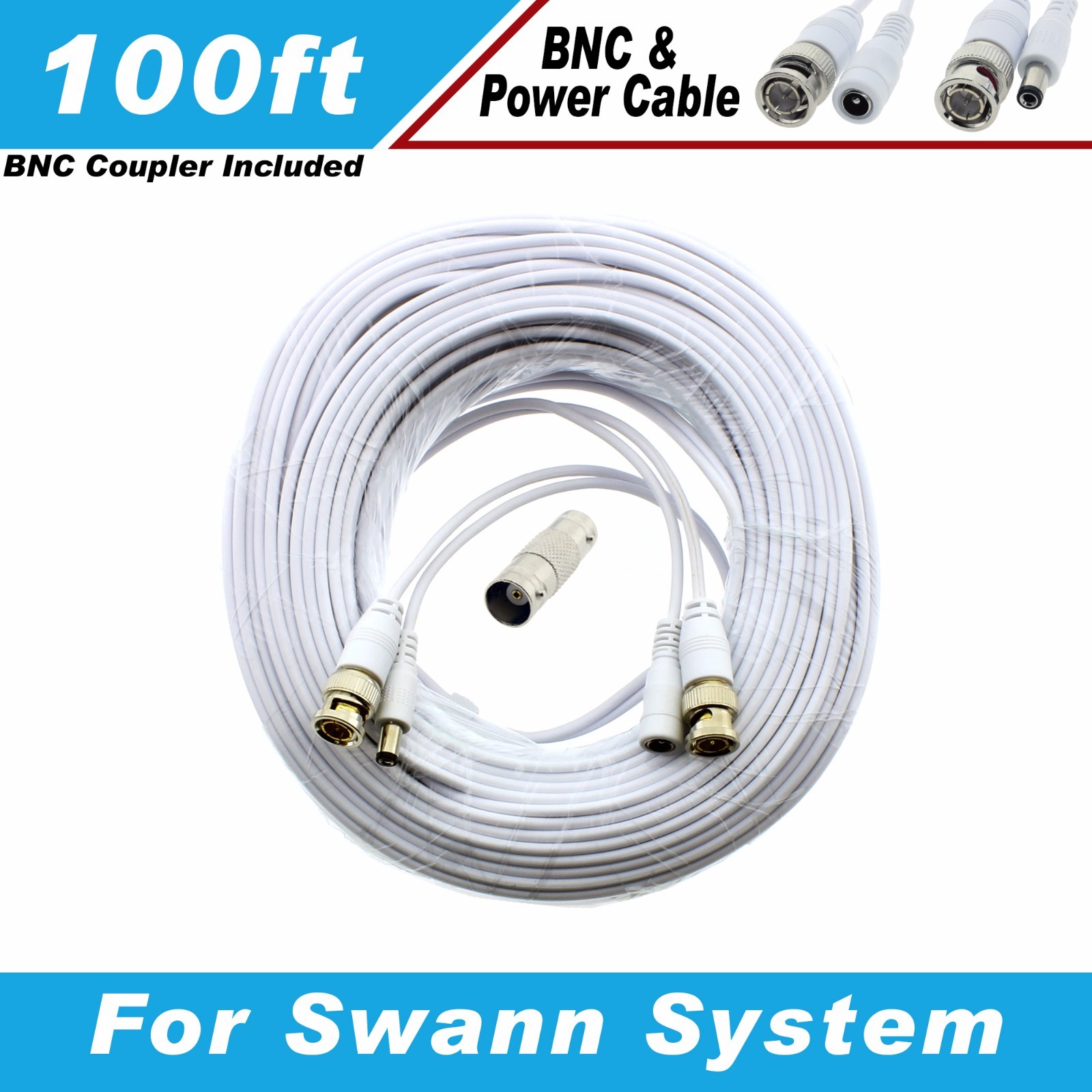 WHITE PREMIUM 100FT CCTV SURVEILLANCE CABLES FOR 8 CH SWANN SYSTEMS Dvr8-1000
