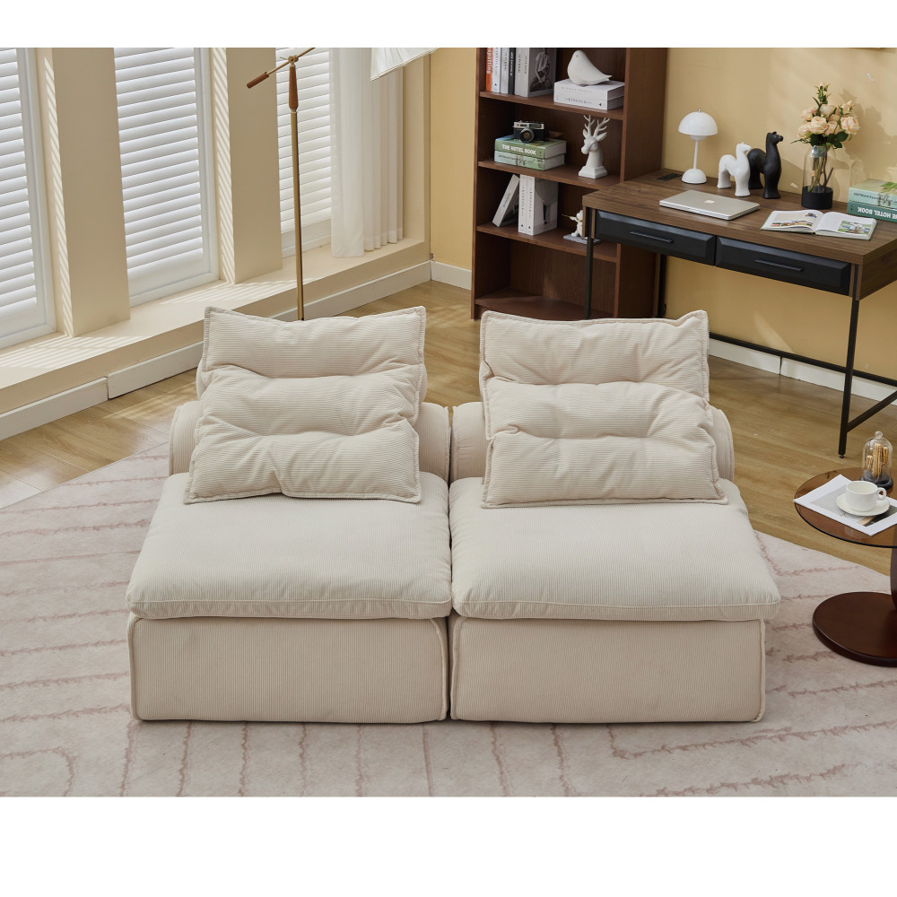 4-Piece Armless Corduroy Modular Sofa w/ Neck & Lumbar Pillows, Beige & Black