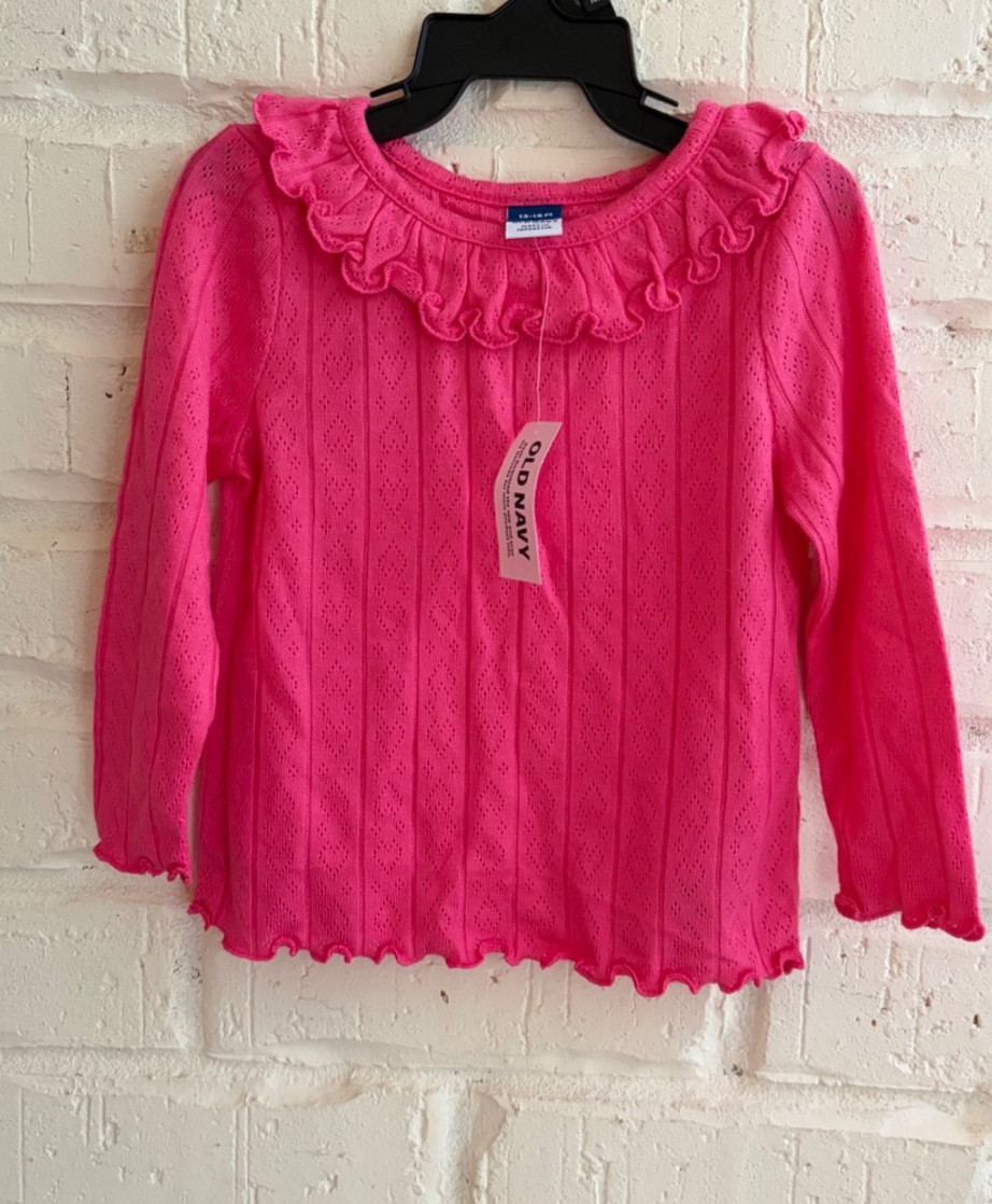 Old Navy Baby Girl Long-Sleeve Hot Pink Ruffle-Trim Pointelle-Knit Top 12-18MO