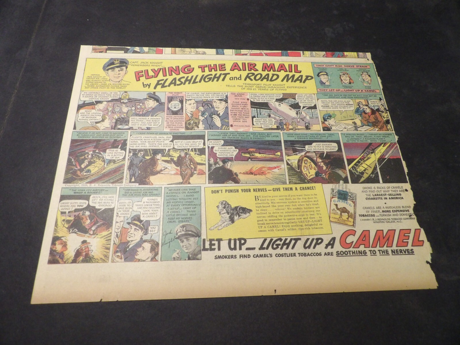 Camel Cigarettes ad - 1939 - 1 Half-Size Sunday, Jack Knight Airline Pilot