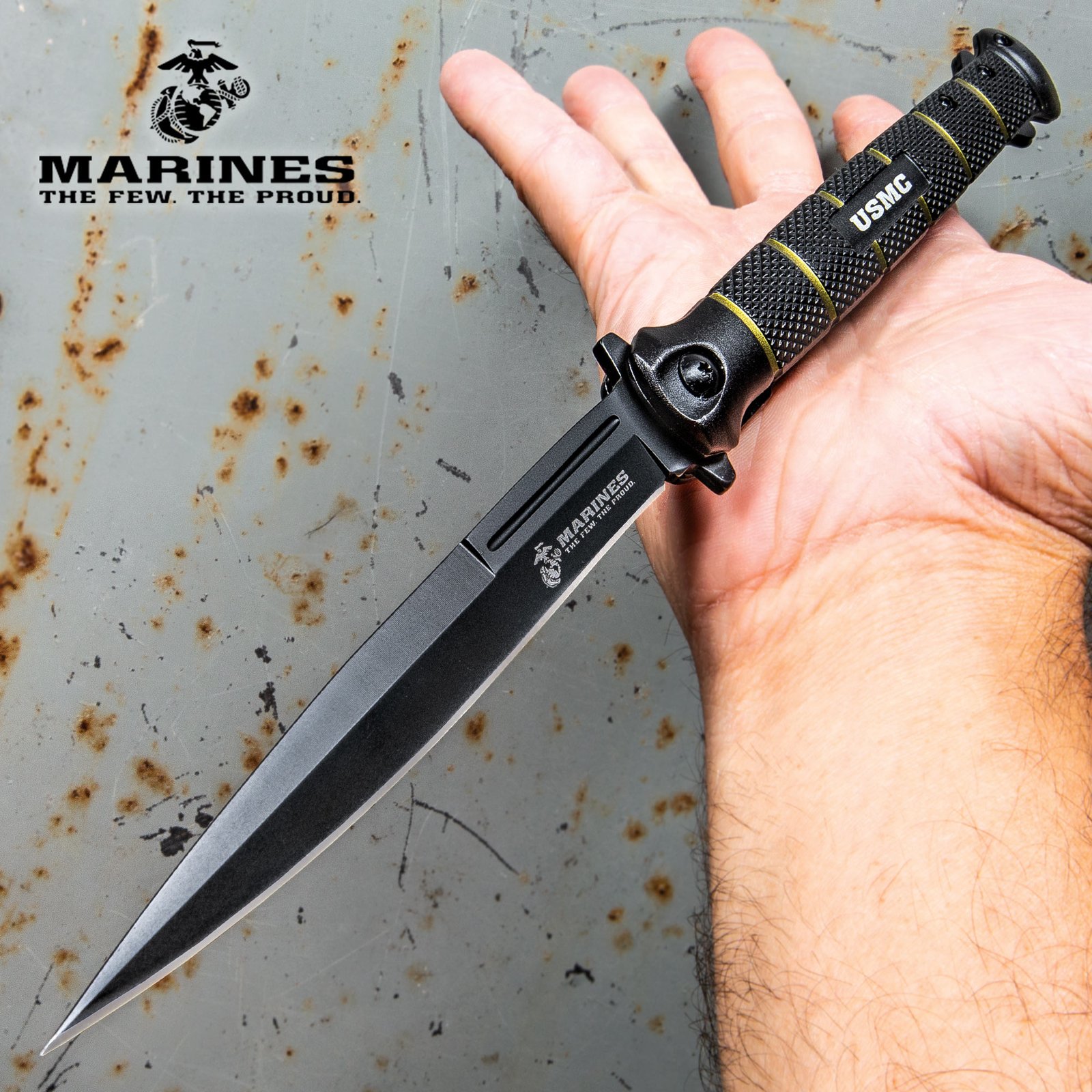 12" Extra Large USMC Marines Spring Assisted Open Folding Pocket Knife Stiletto