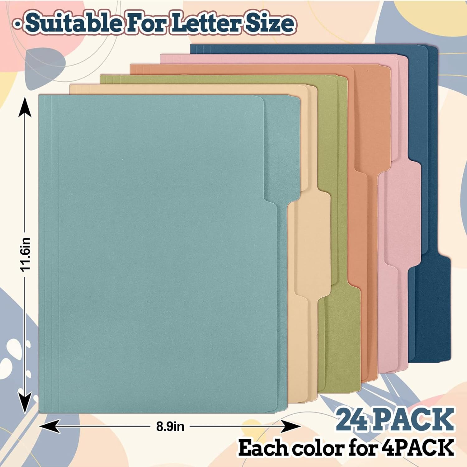 24 Pack Boho Colored File Folders Letter Size 6 Solid Colors File Pockets with 1