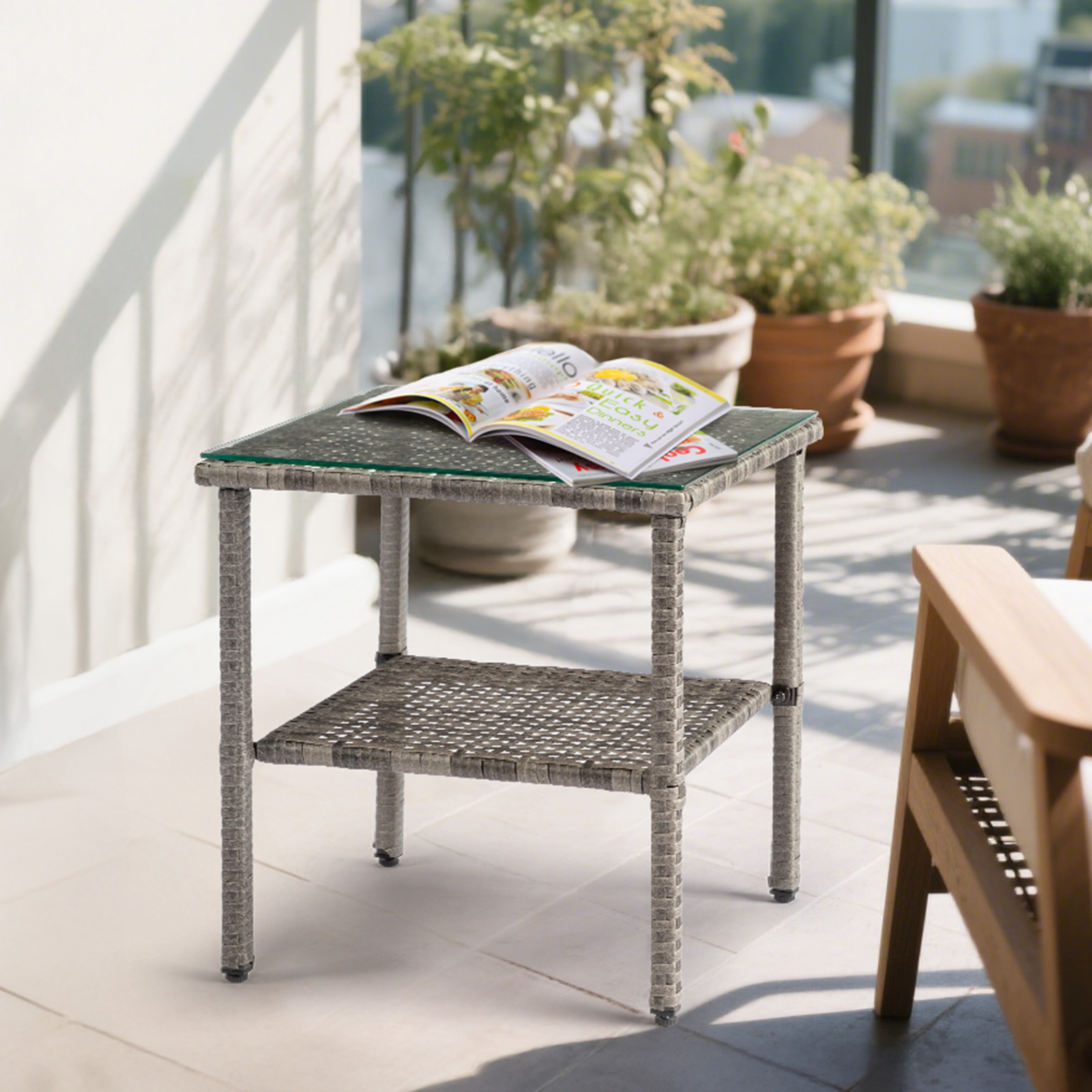Square double layer glass tabletop gray gradient rattan