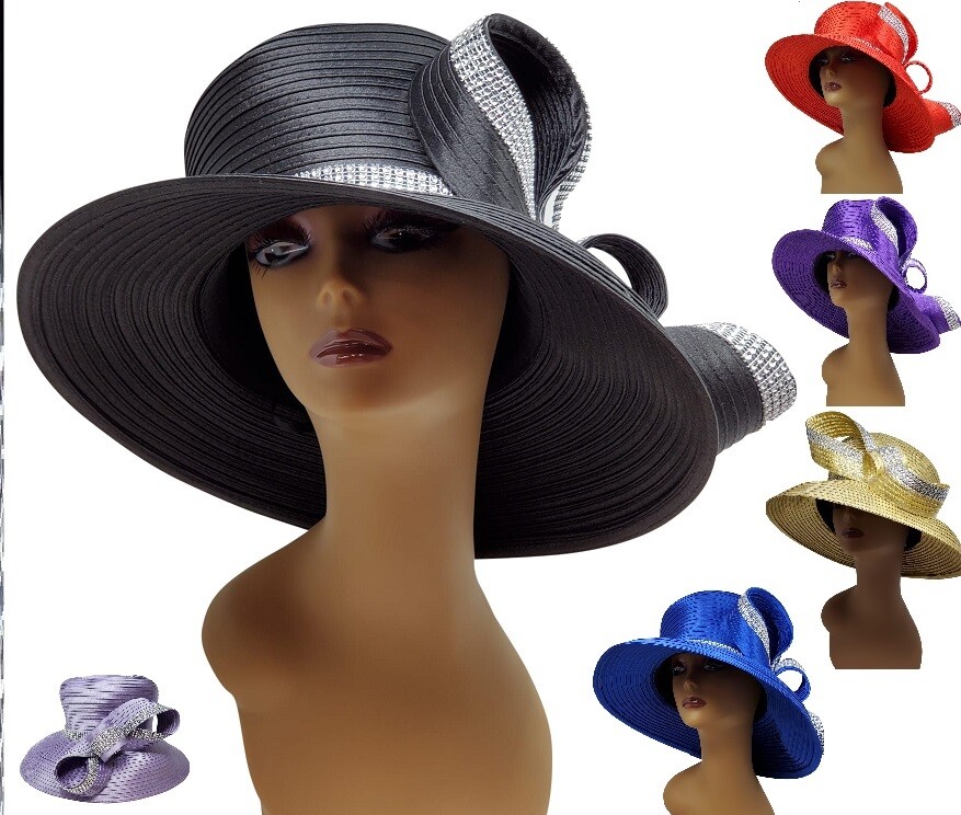 Bow Bucket Crystal Bow Ribbon Kentucky Derby Wedding Hat Church Wide Brim Dressy