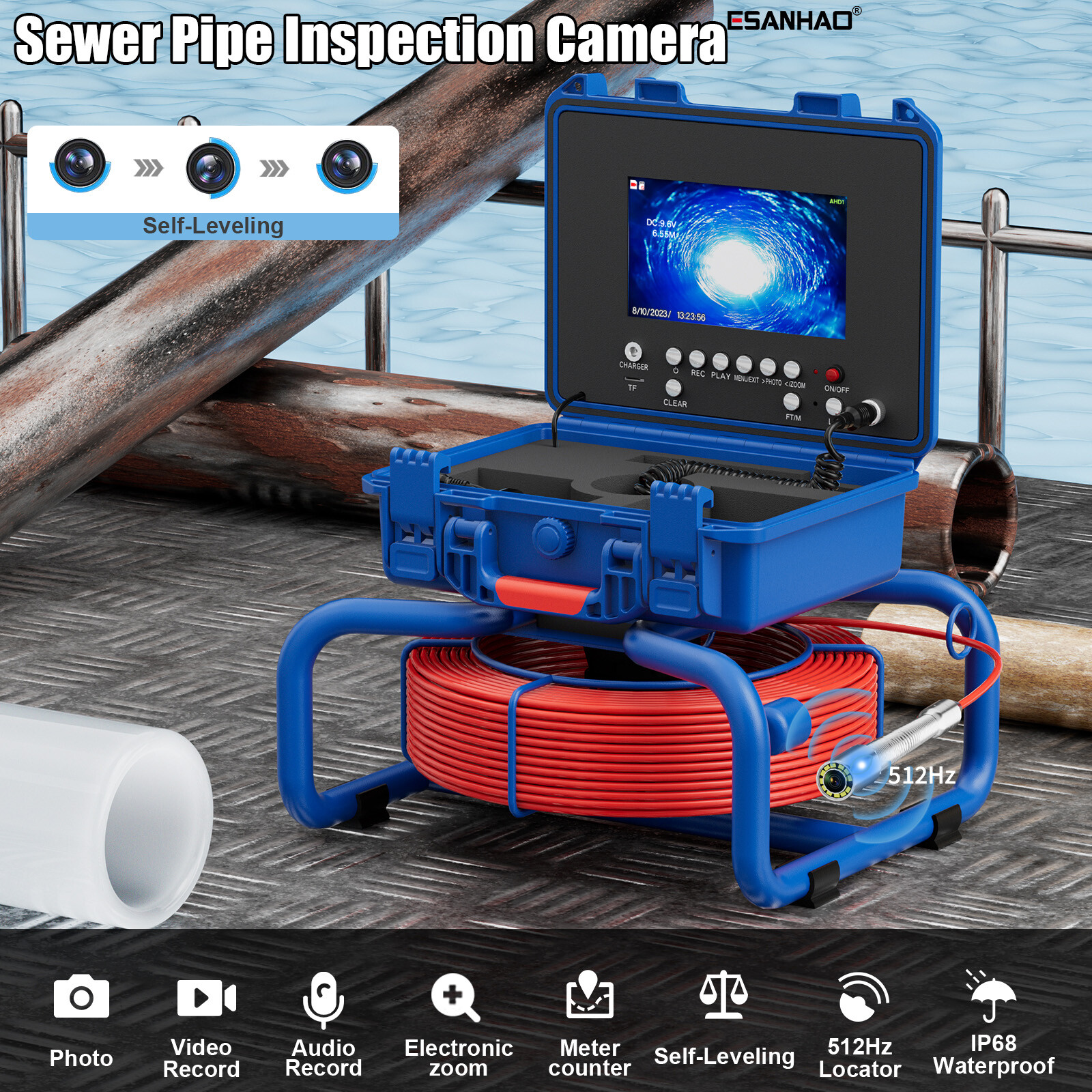Pipe Inspection Camera 512hz Sewer Camera Self Leveling 7" 20m Drain Endoscopes
