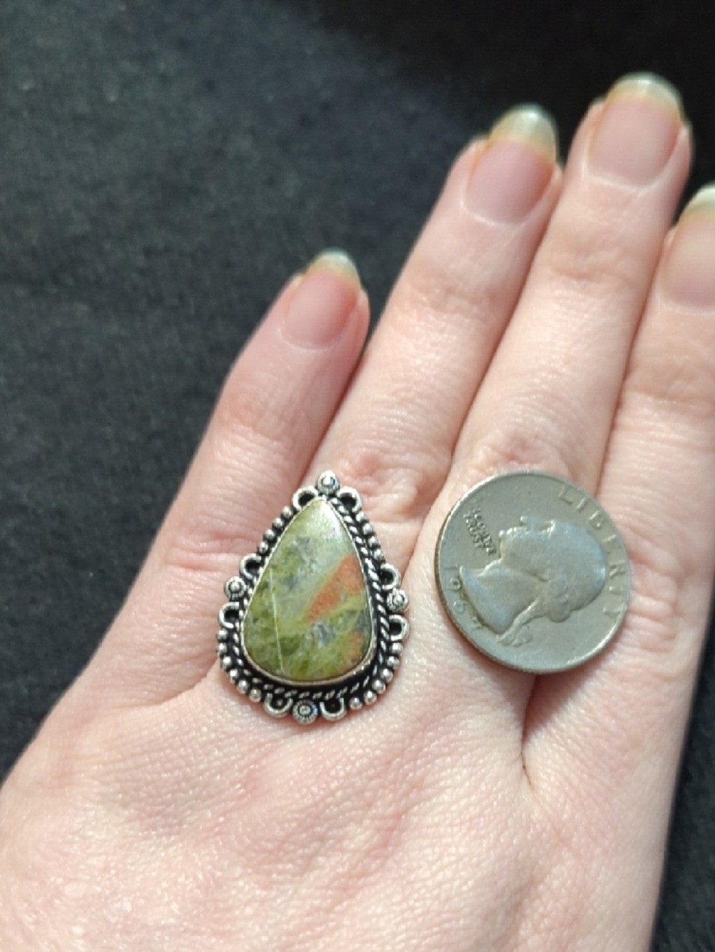 Silver Plated Green Jasper Gemstone Teardrop Statement Ring - Size 8