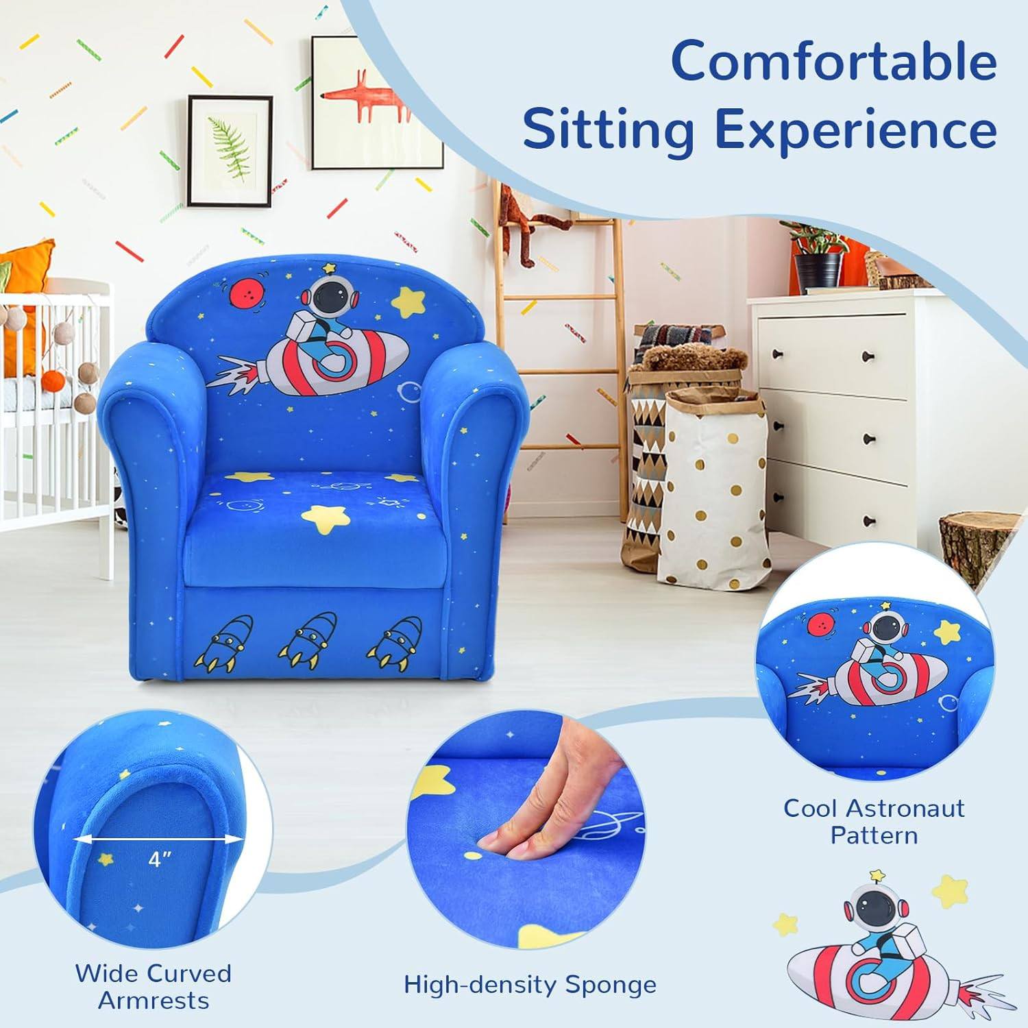 Kids Sofa, Toddler Armchair Chair with Sturdy Wood Construction Cartoon Pattern,