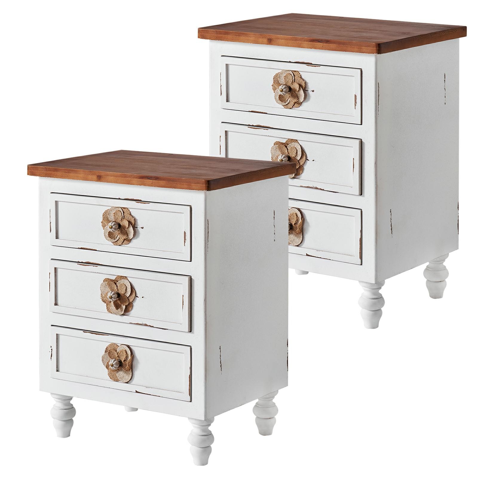 Vintage Farmhouse End Table with Floral Knobs – 19" Rustic Nightstand with 3 Dra