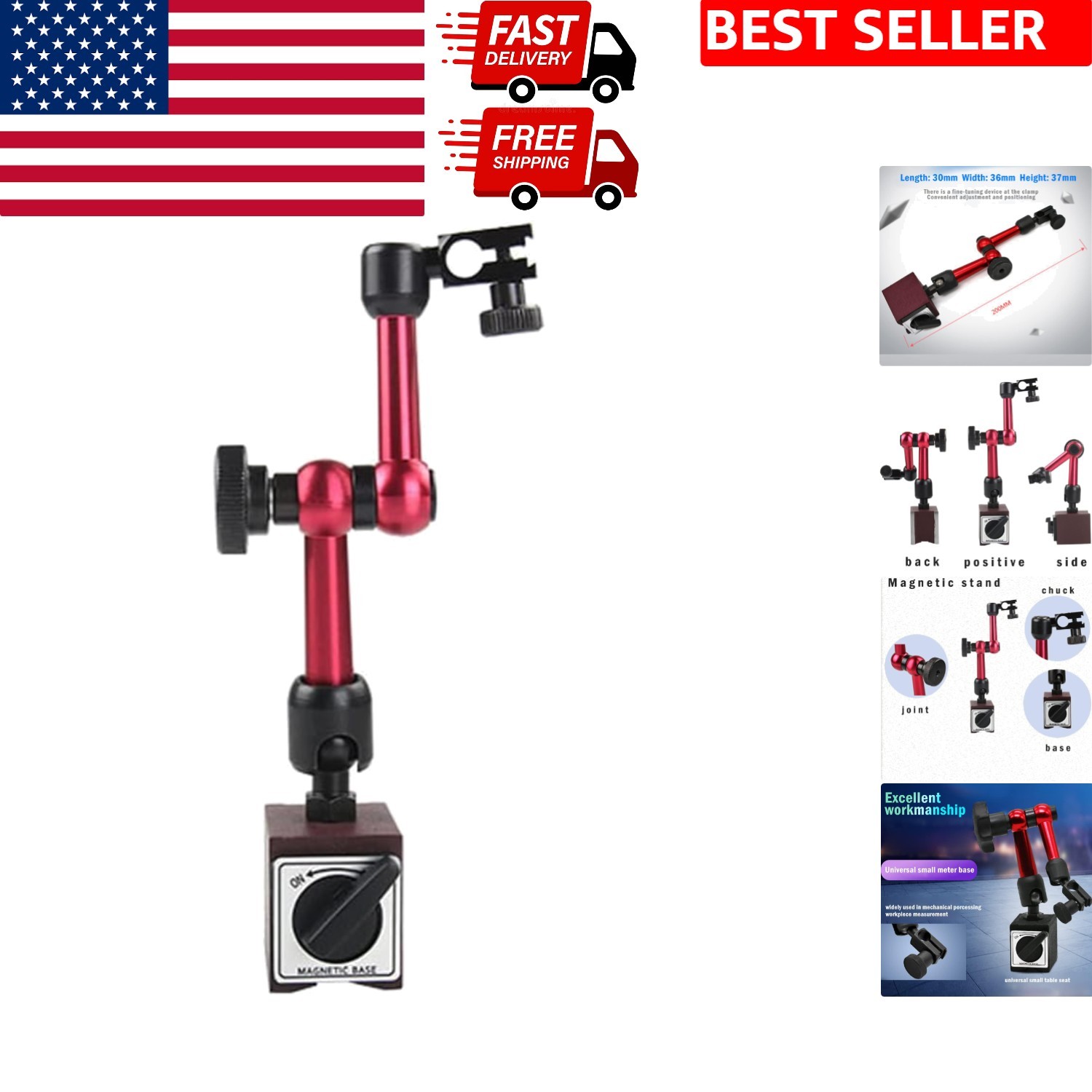 Red Magnetic Base Holder with Adjustable Arm for Dial Indicators