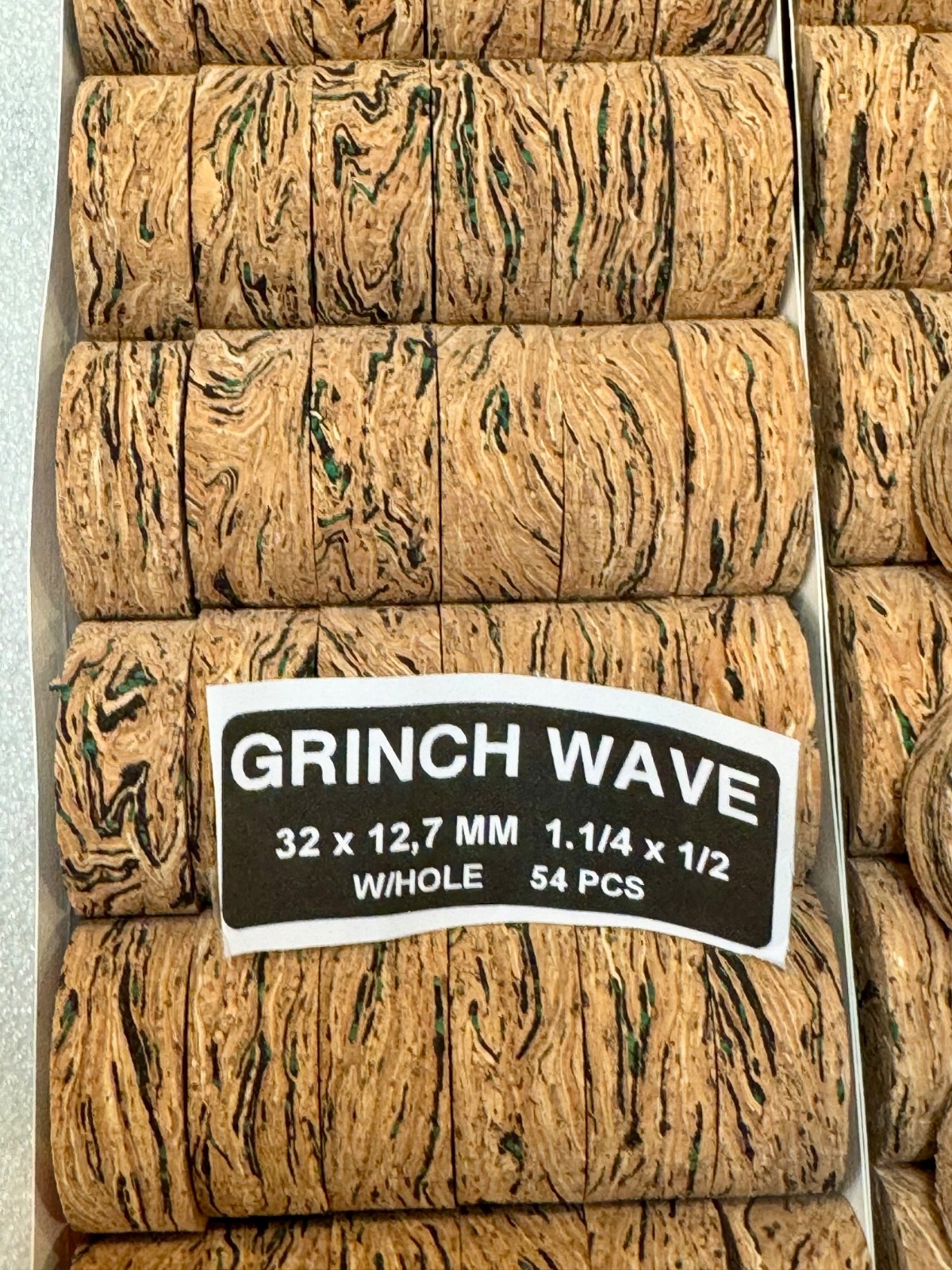 Cork Rings 36 Grinch Green Wave Burl  1 1/4" x 1/2" x 1/4" Hole, New!