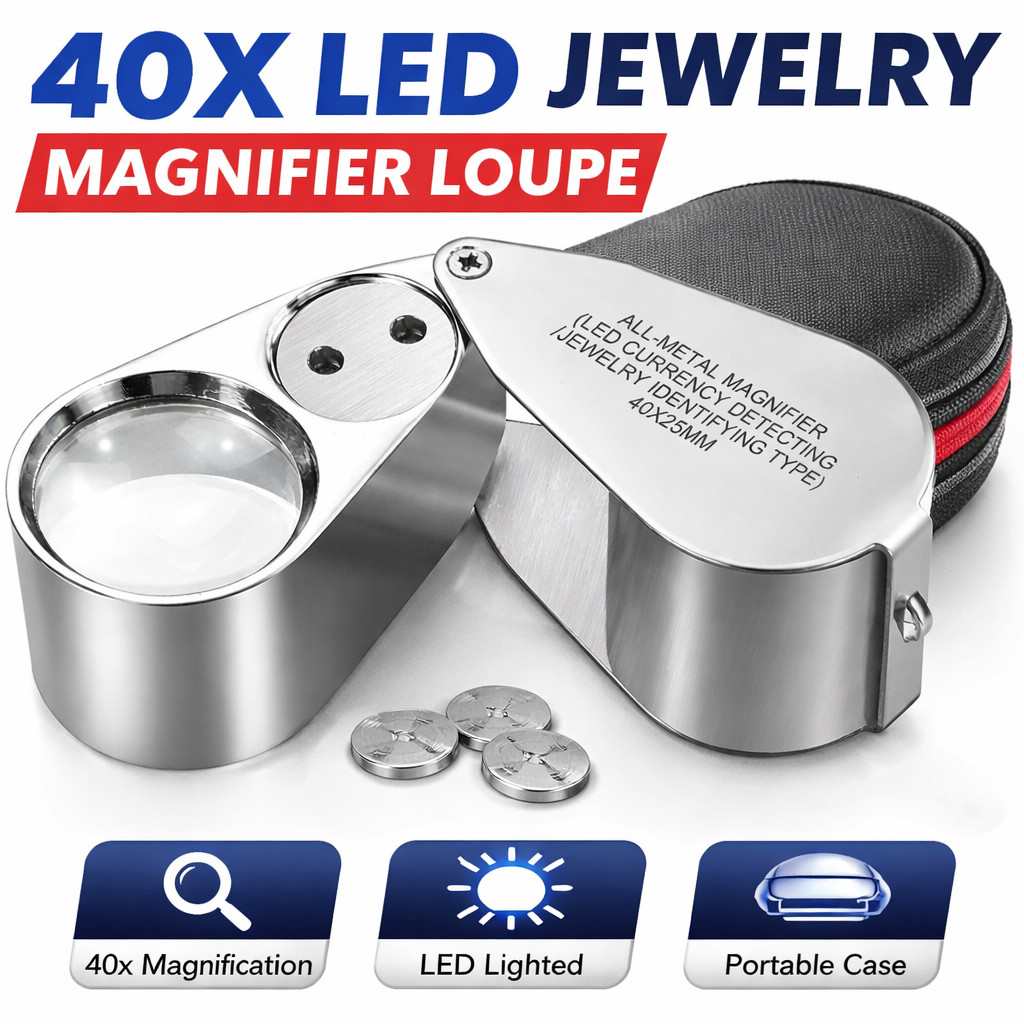 40X Jewelers Loupe Jewelry Loop Coin Magnifier Light Pocket LED Magnifying Glass