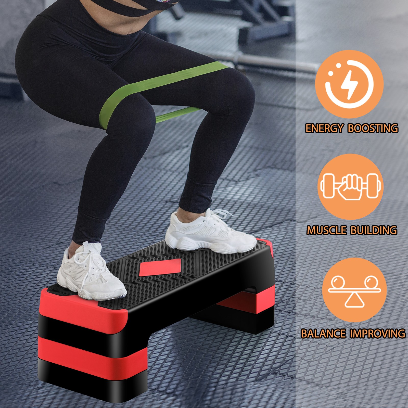 Aerobic Step Platform Exercise Step Adjustable Height 4"-6''-8' w/4 Risers Red