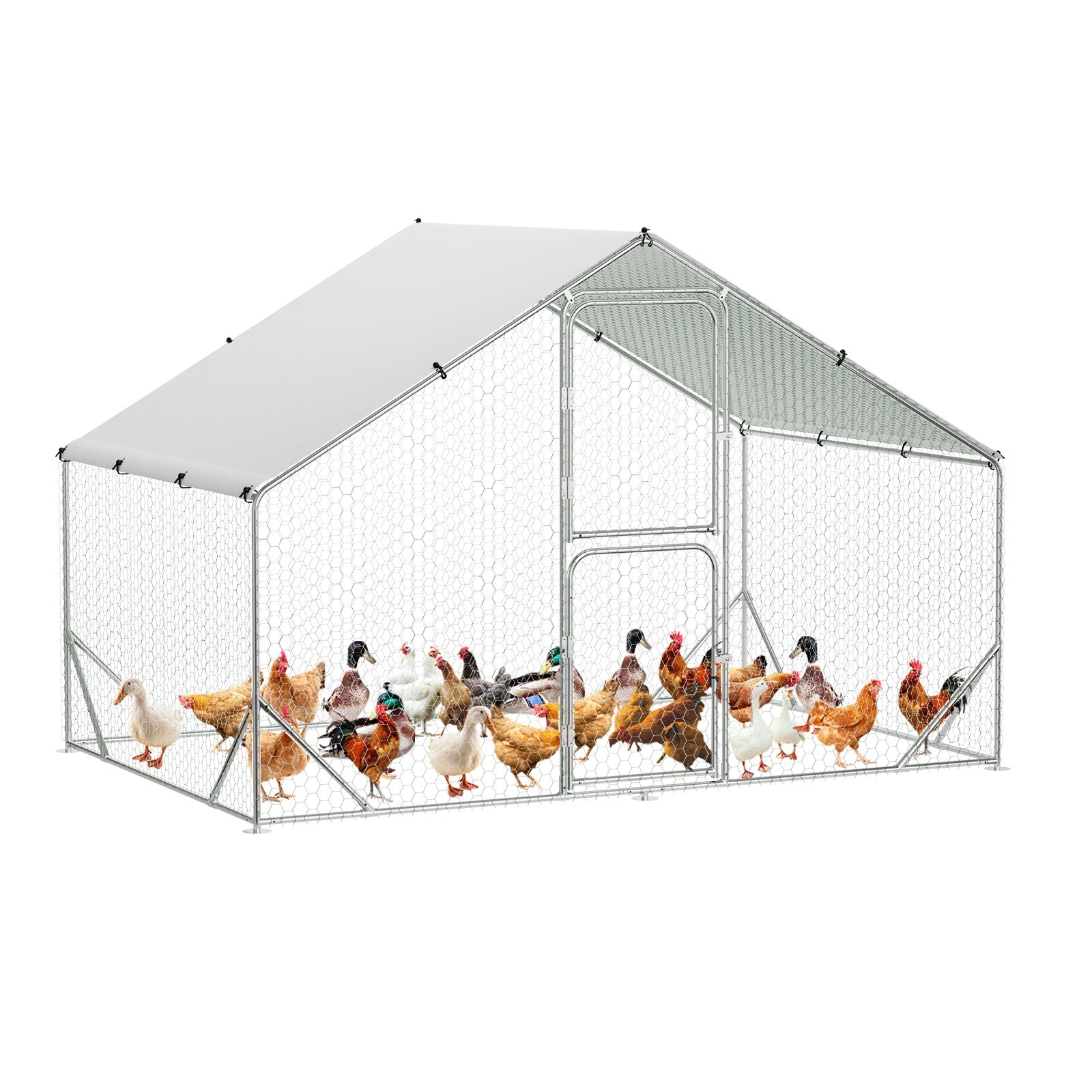 Outdoor Metal Chicken Coop Walk-in Poultry Cage Chicken Run Pen House with Cover