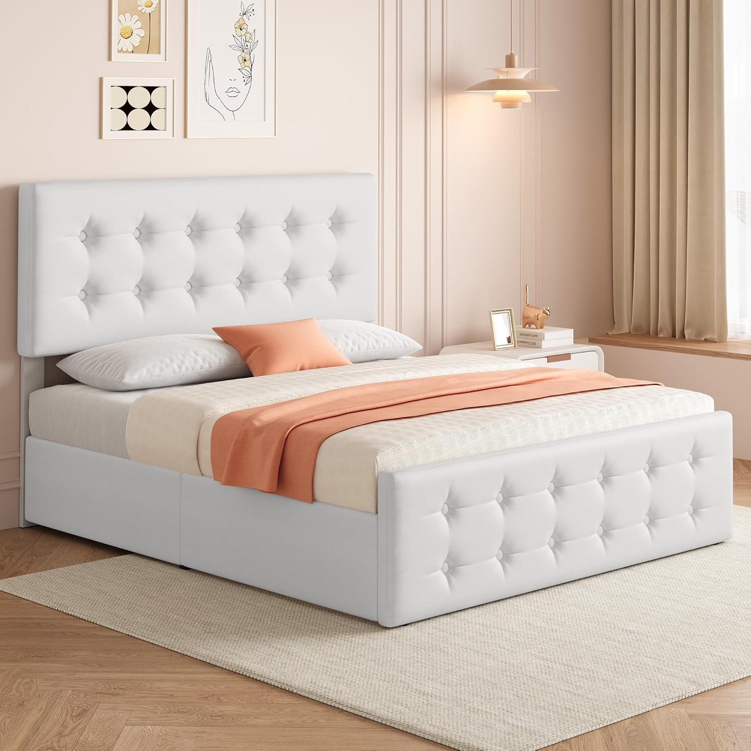 Full Size Bed Frame with 4 Storage Drawers and Adjustable Upholstered Headboard