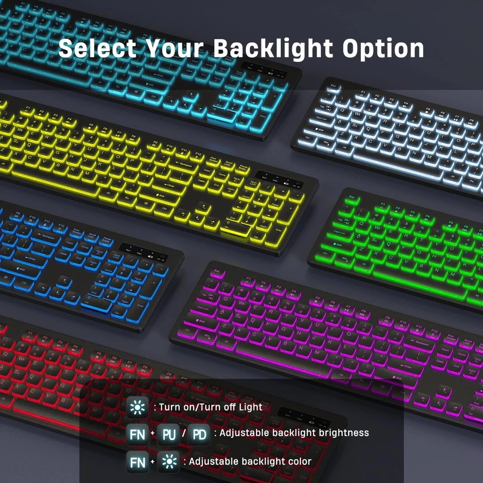 Backlit Wireless Keyboard, 2.4G Silent Wireless Light Up Keyboard, Full Size ...