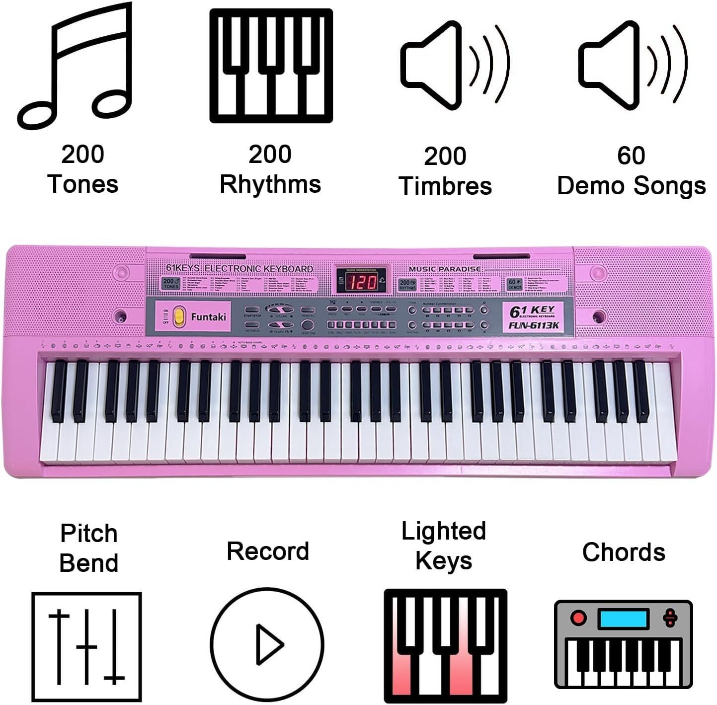 Beginner-Friendly 61-Key Electronic Piano with Lighted Keys & Recording Feature