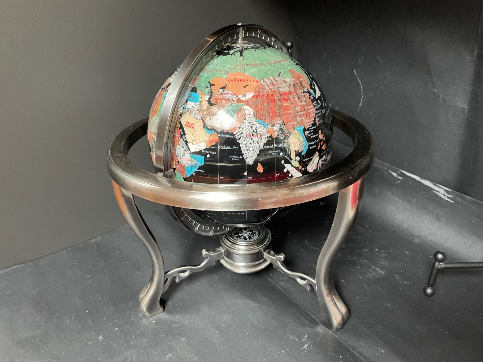 13"wx13.25"h Semi-Precious Stone Tabletop Globe w/Compas Chrome Stand