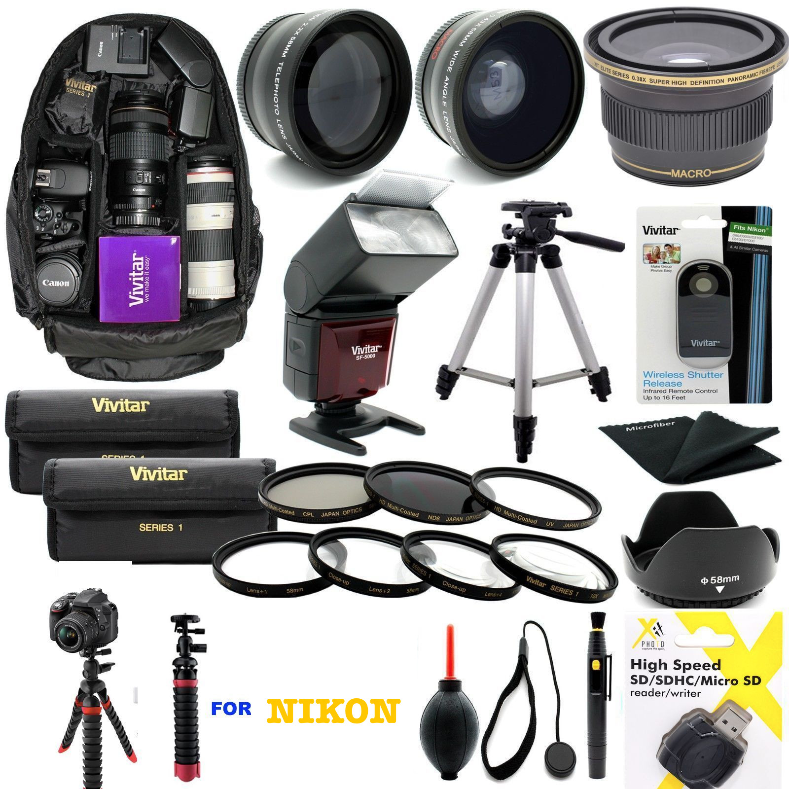 NIKON D3400 D5600 55MM  PREMIUM UHD 8K ACCESSORY KIT FLASH LENSES BACKPACK TRIPO