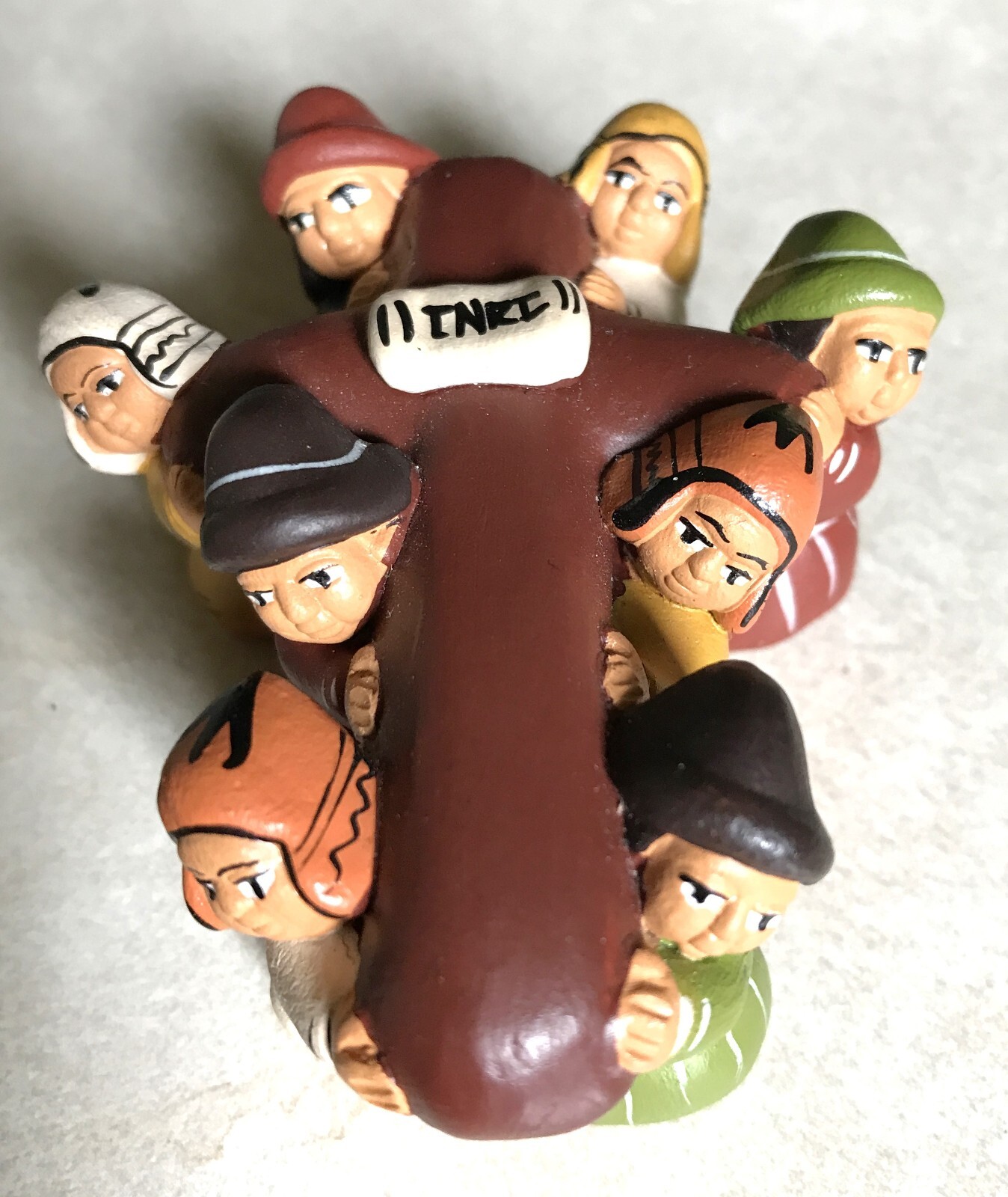 Peru Clay Figures Carrying Crucifix Cross Ethnic Handmade Religious Folk Art