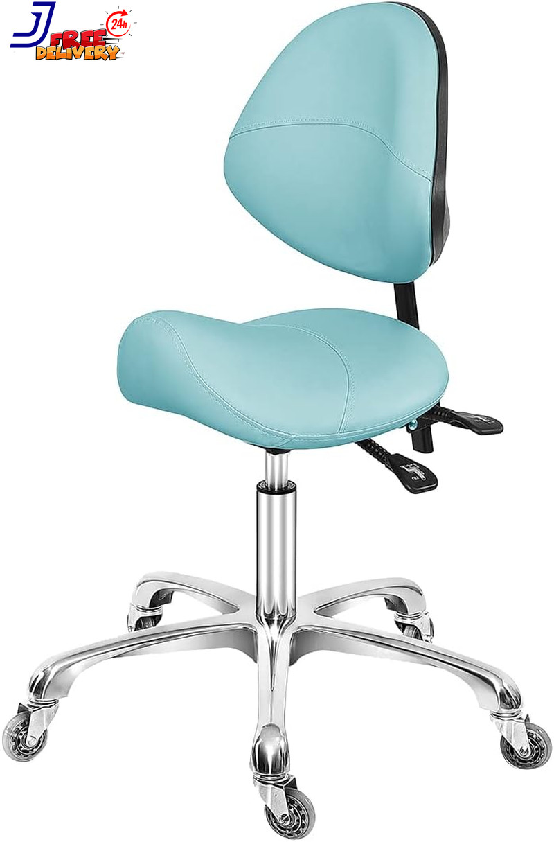 Saddle Stool Dental Hygienist Chair with Back Support Rolling Esthetician Saddle