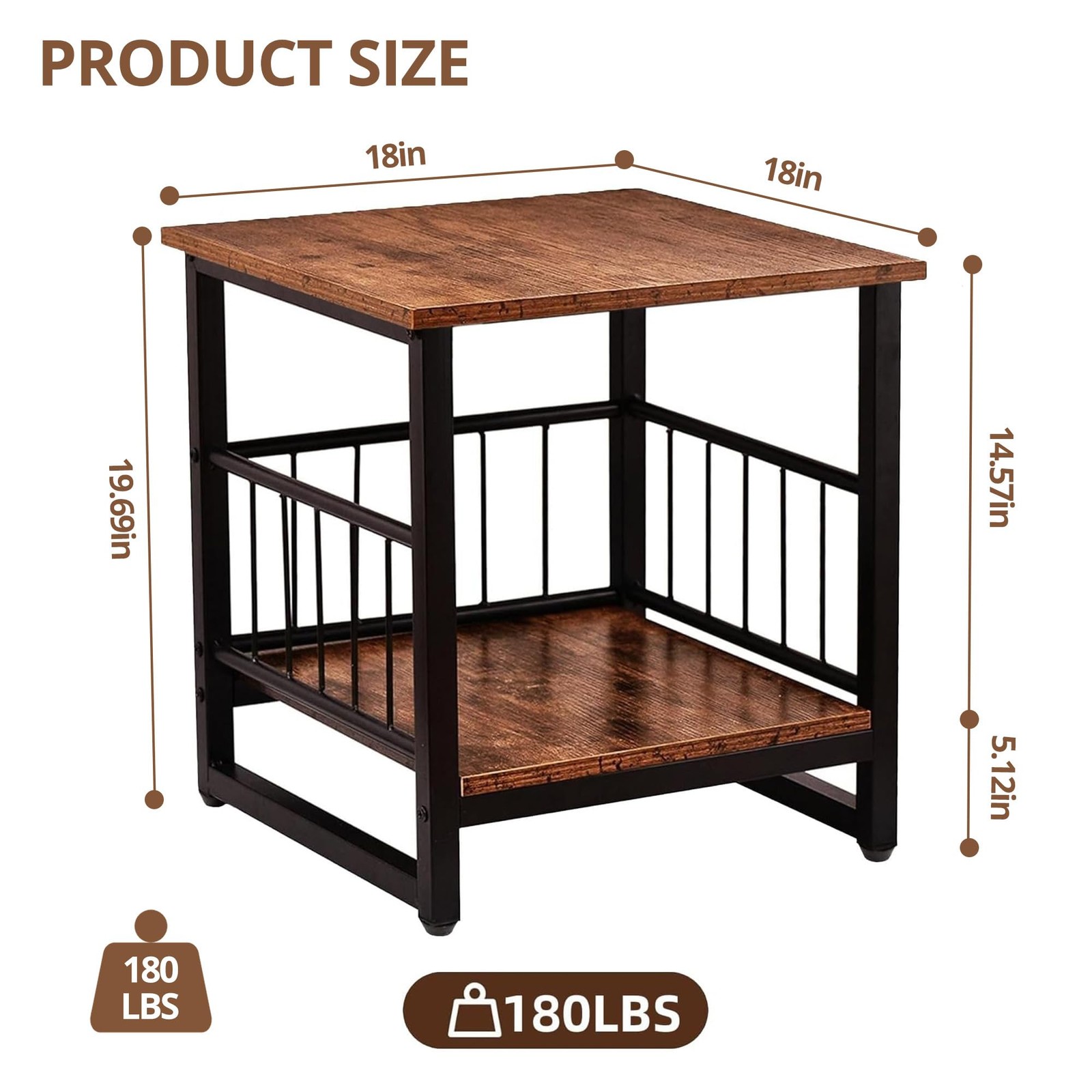 Industrial Night Stand, 18” Square Side Table with Open Storage Shelf, Bedsid...