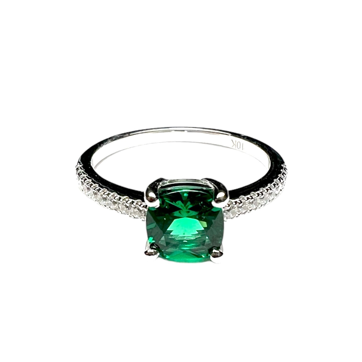 Lab Made Emerald Ring Solid 10K White Gold,, May Gem 20th Anniversary Size 6 1/2