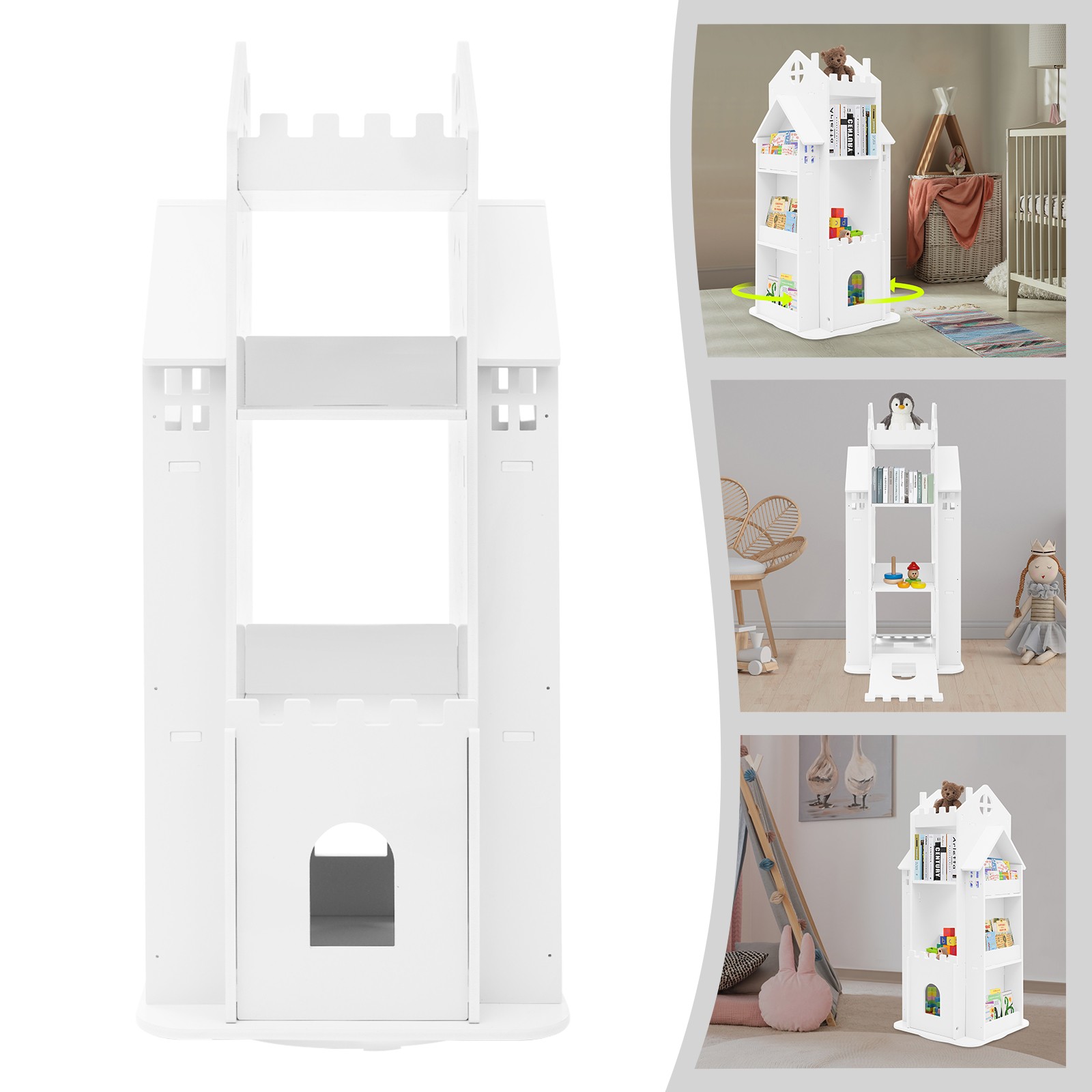 White Rotating Bookcase Kids Room Bookshelf Study Room Storage Display Shelf