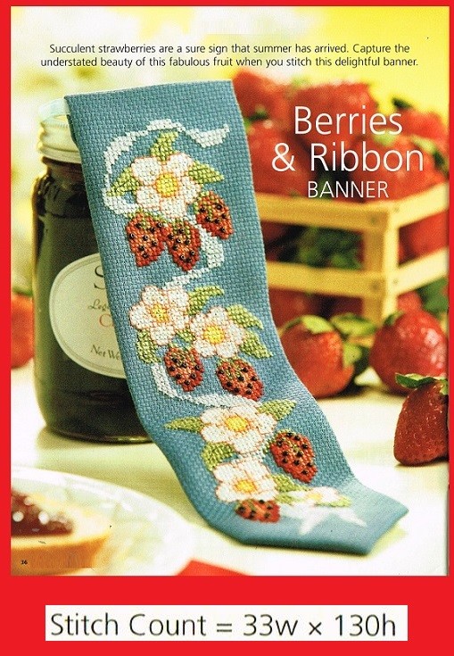 BERRIES & RIBBON BANNER  -  CROSS STITCH PATTERN ONLY  GU - VYU