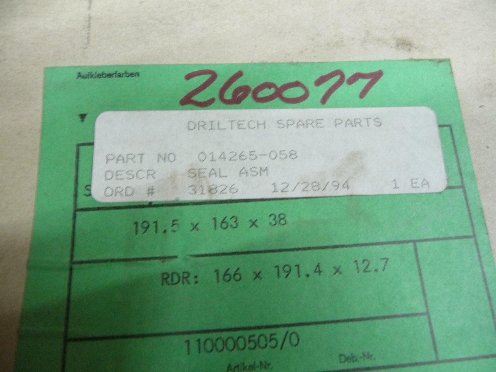 Sandvik / Driltech Seal ASM 014265-058