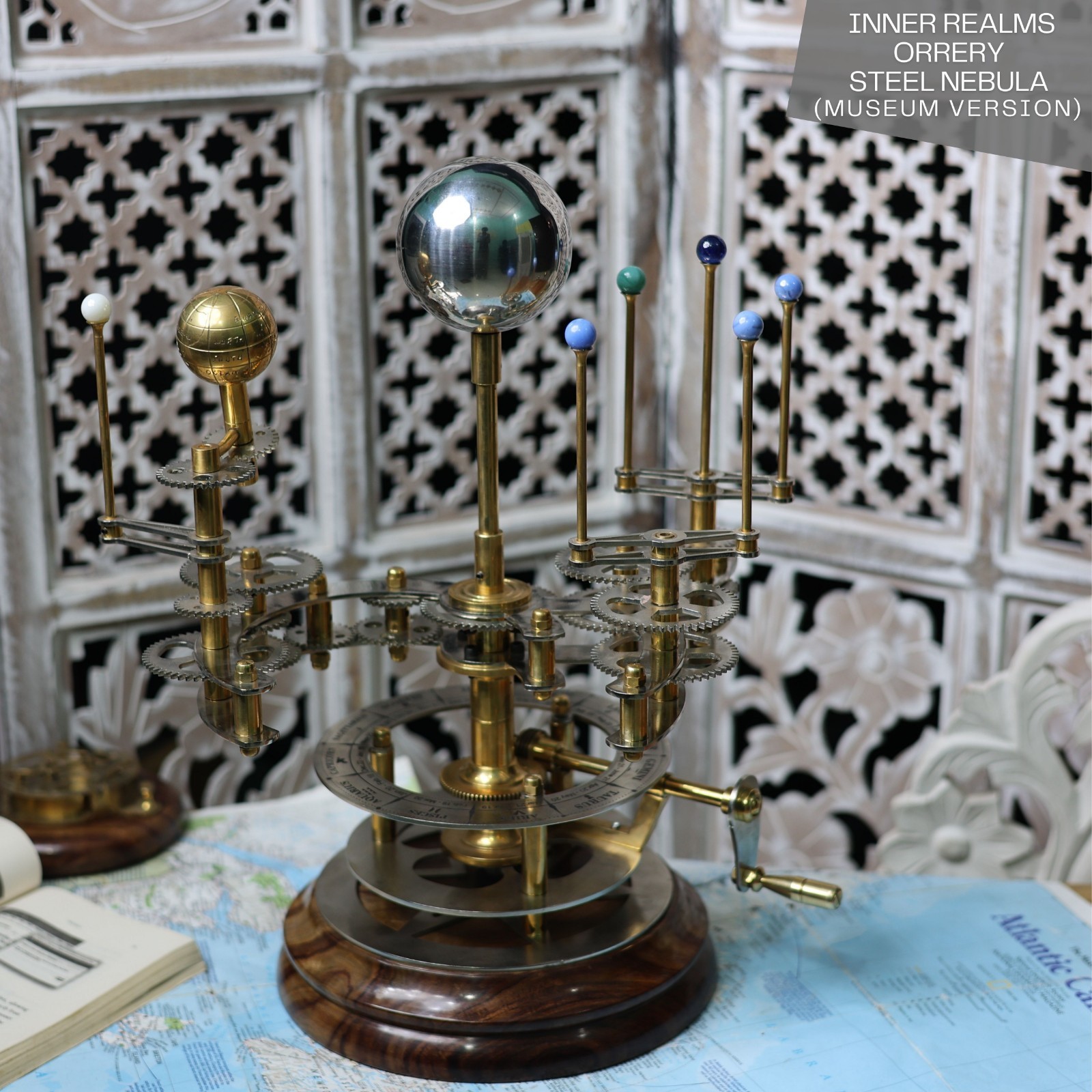 Luxury Brass Mechanical Orrery Solar System Model • Hand-Crank Planetarium