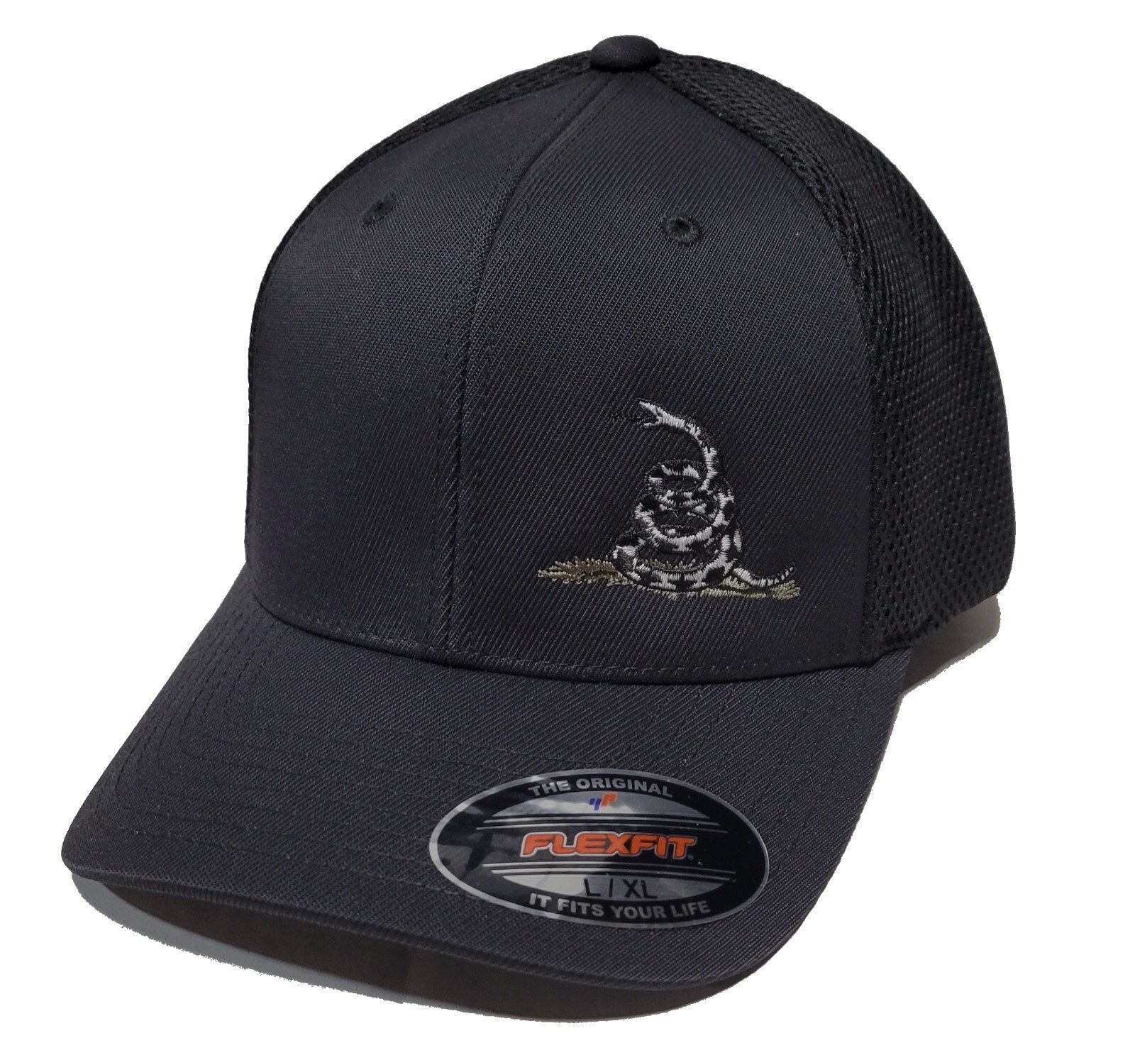 Subdued Gadsden Flag Snake Embroidered AIRMESH FLEXFIT Black Hat, 2A 6533