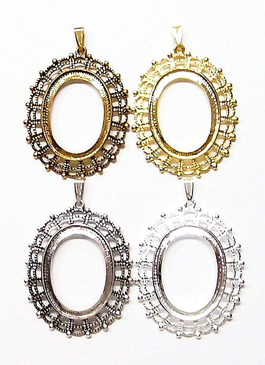 4 Colors of 40x30mm Oval Pendant Settings Victorian Deco Triple Lacy