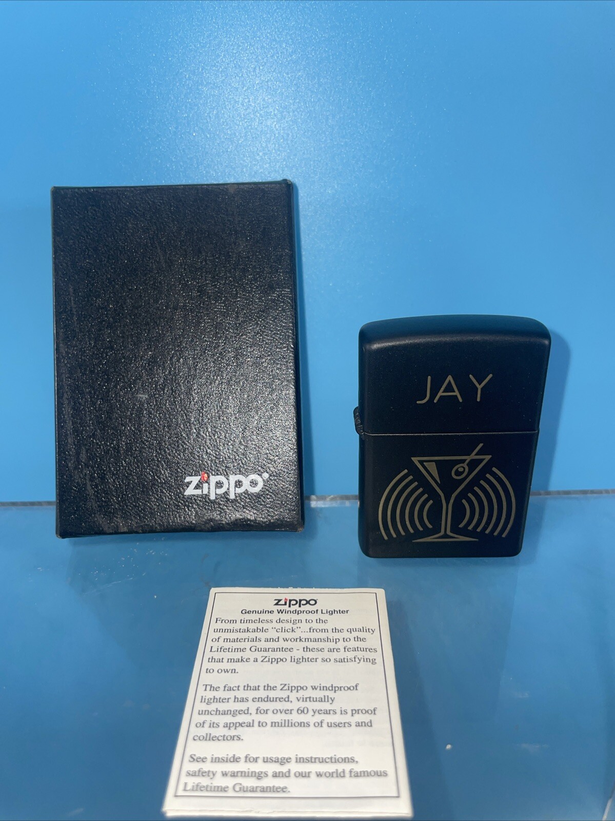 1999 Mate Black Martini Zippo Lighter Personalized “JAY” Unstruck  Original Box