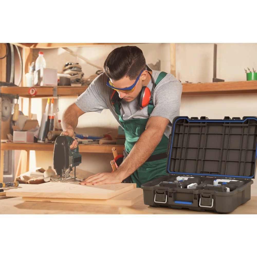 Modular Stackable Tool Box with Small Blue Organizer and Adjustable Dividers for