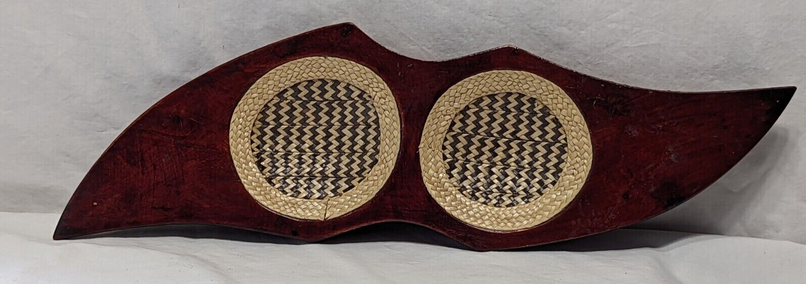 Unusual Ornate Carved Wood Bowl with 2 basket woven inserts - 16" x 5" Nice Con.