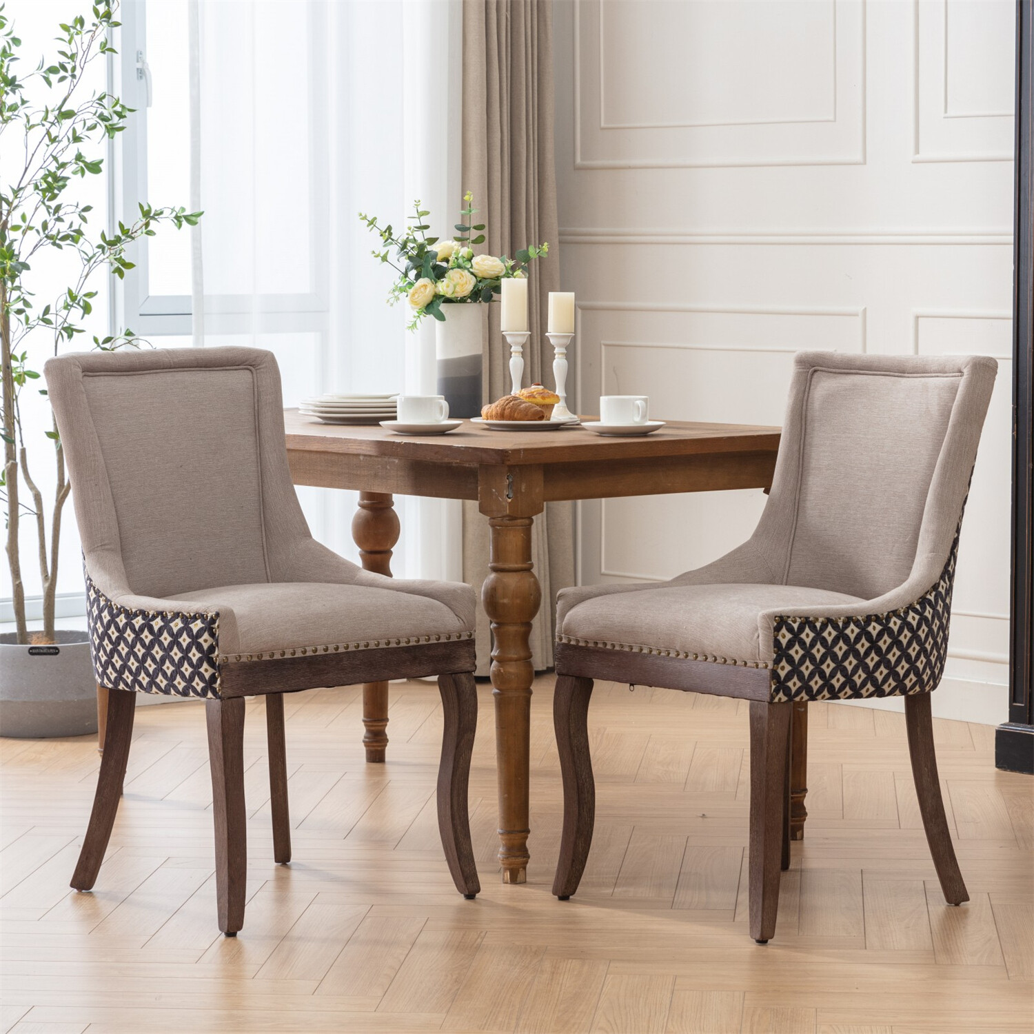 Set of 2 Dining Chair Upholstered Kitchen Dining Chair with Wood Leg Beige/Black
